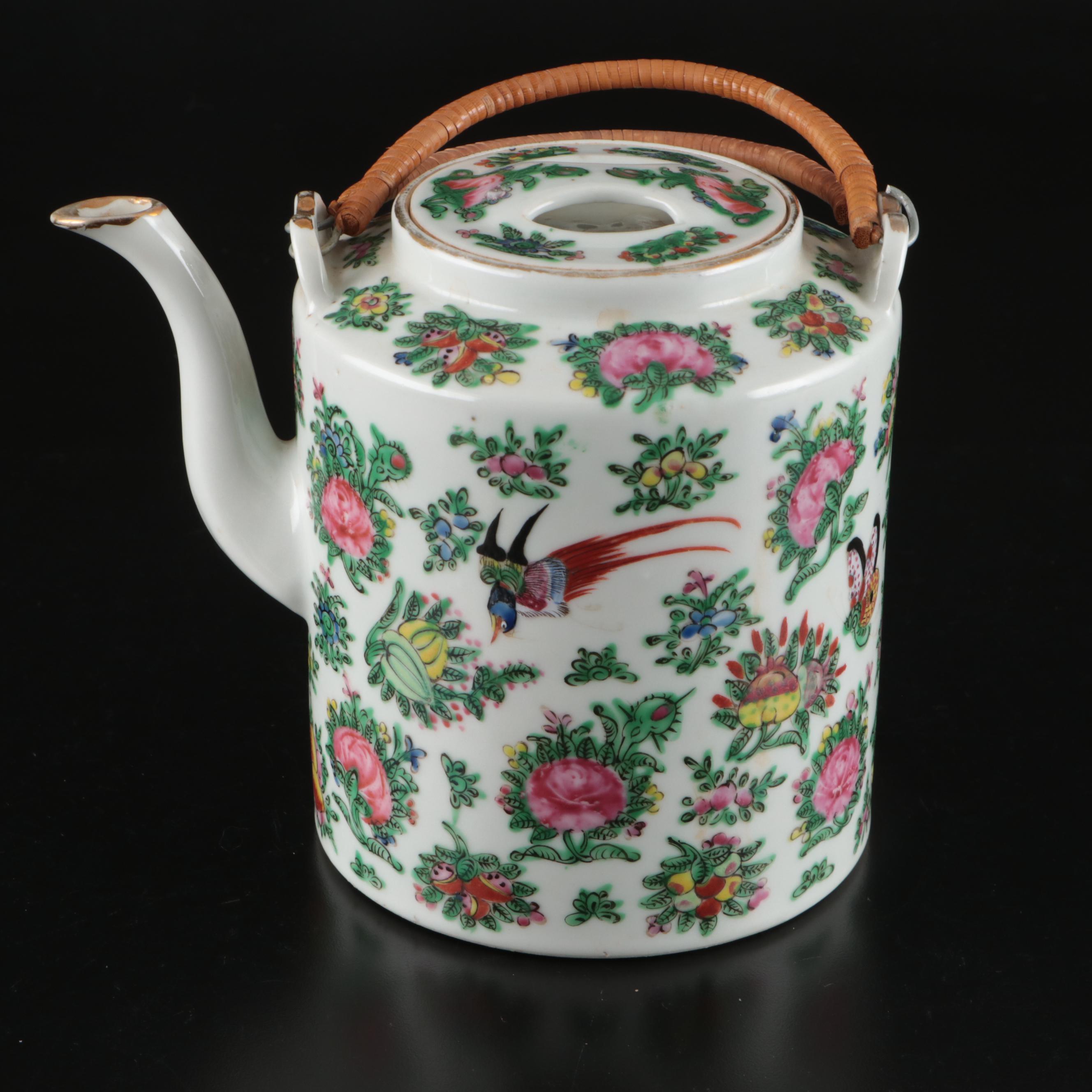 Chinese Famille Rose Porcelain Teapot with Teacups and Basket