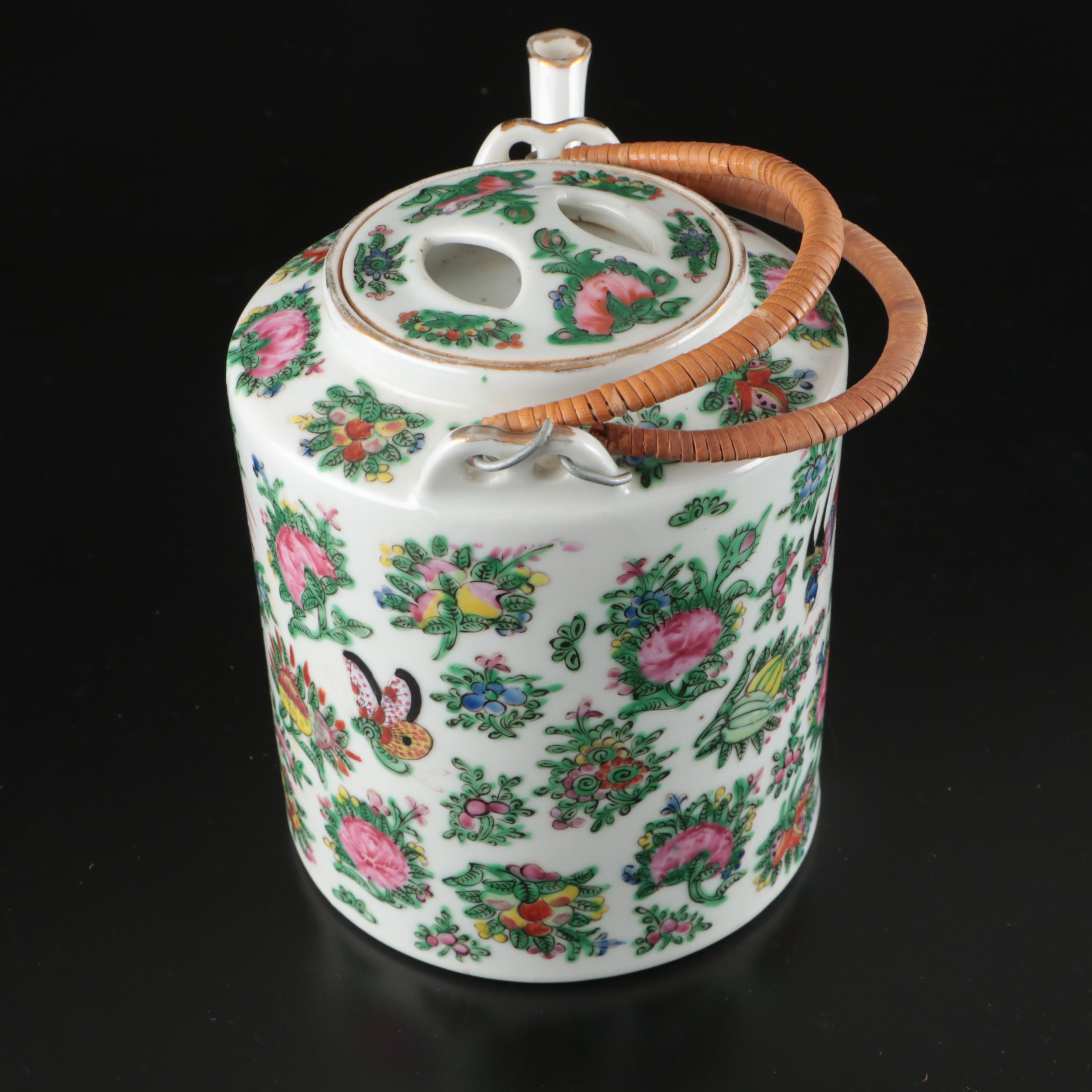 Chinese Famille Rose Porcelain Teapot with Teacups and Basket