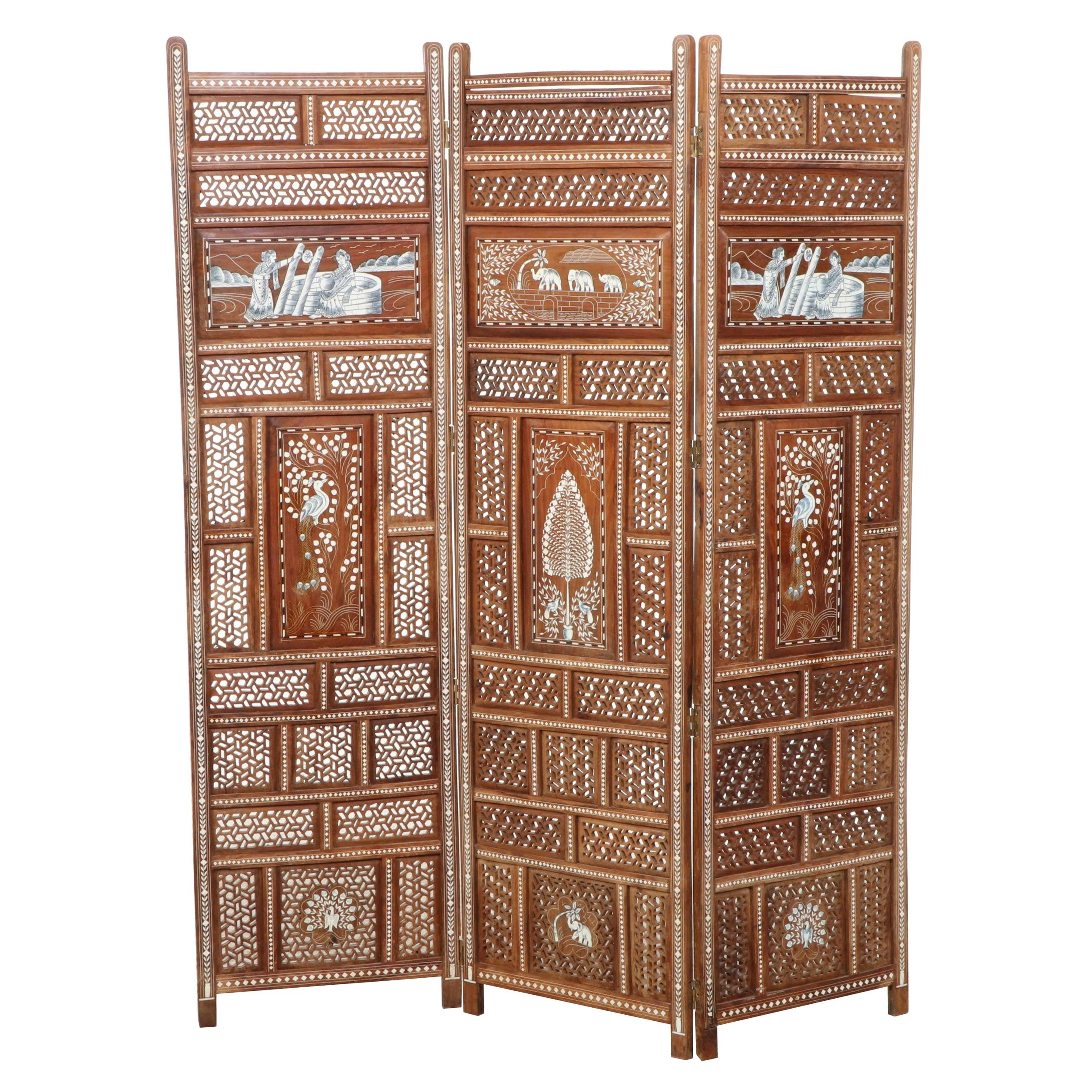 Indo-Persian Pierced Teak Wood and Bone Inlay Three-Panel Screen
