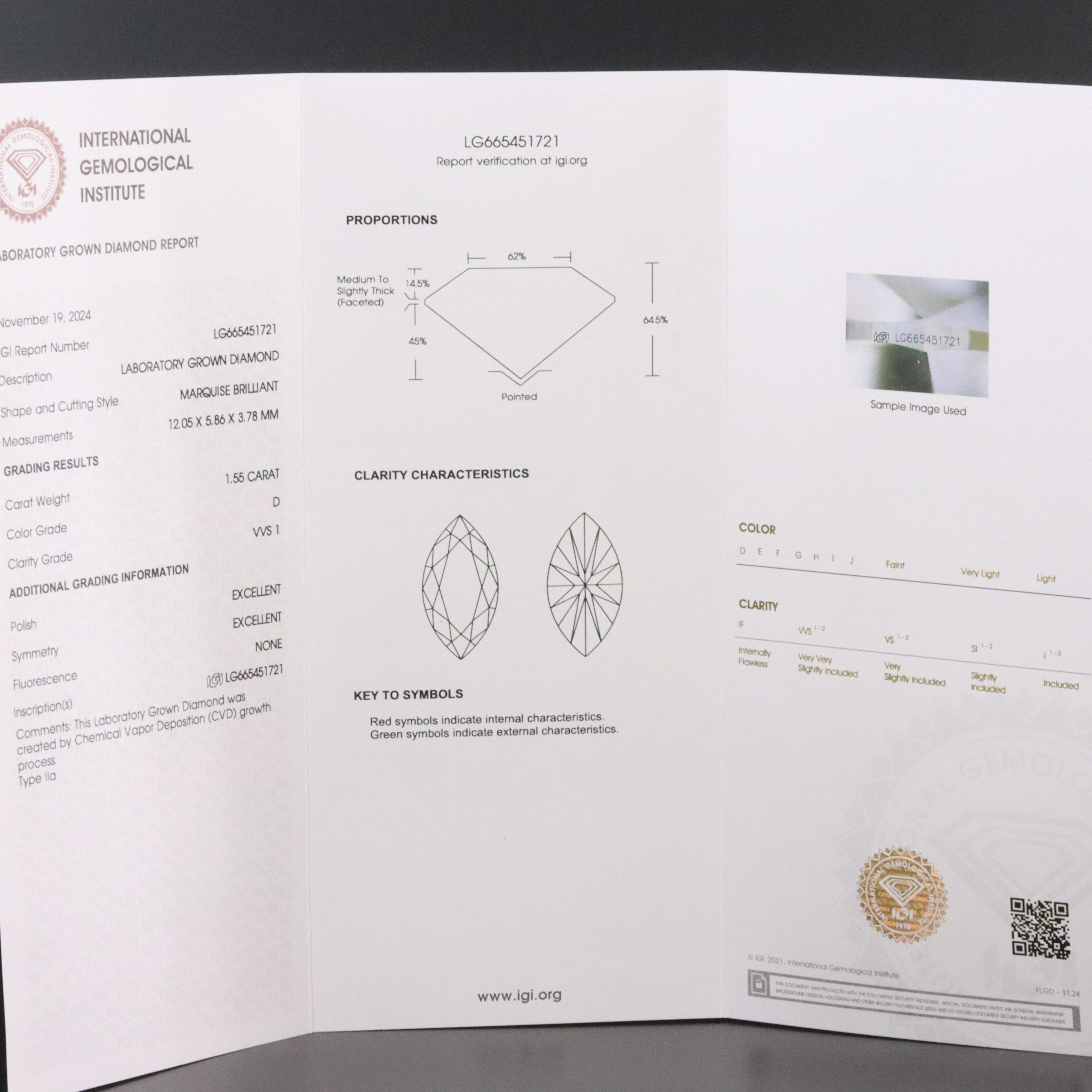Loose 1.55 CT Lab Grown Diamond with IGI Report