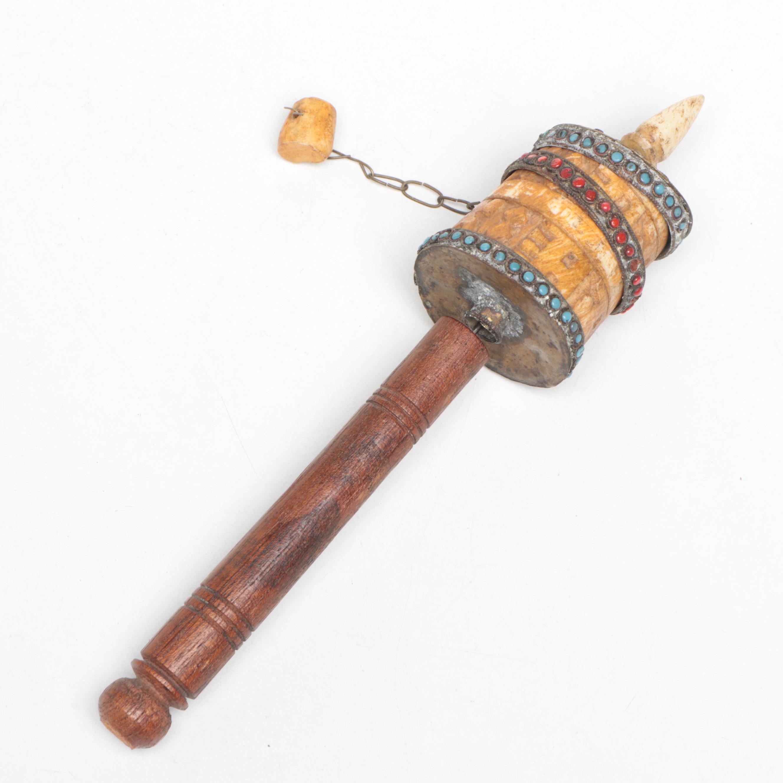 Tibetan Buddhist Wood and Bone Prayer Wheel