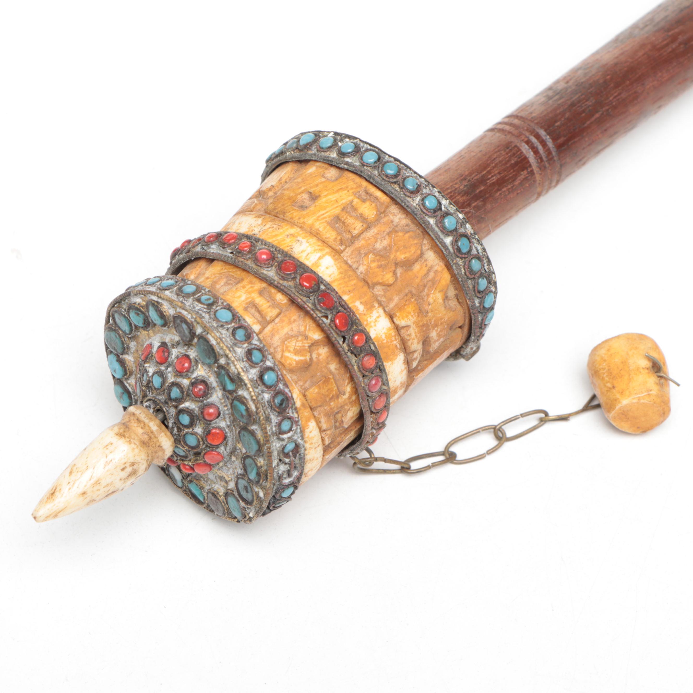 Tibetan Buddhist Wood and Bone Prayer Wheel