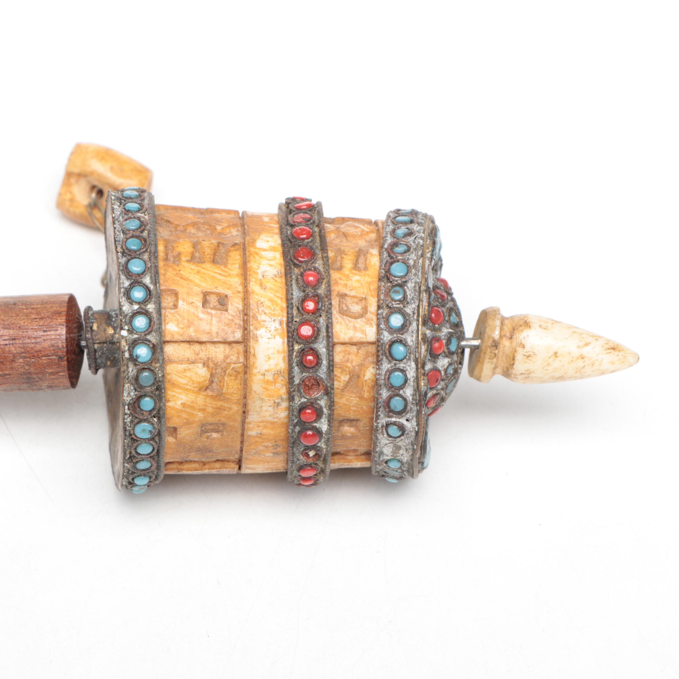 Tibetan Buddhist Wood and Bone Prayer Wheel