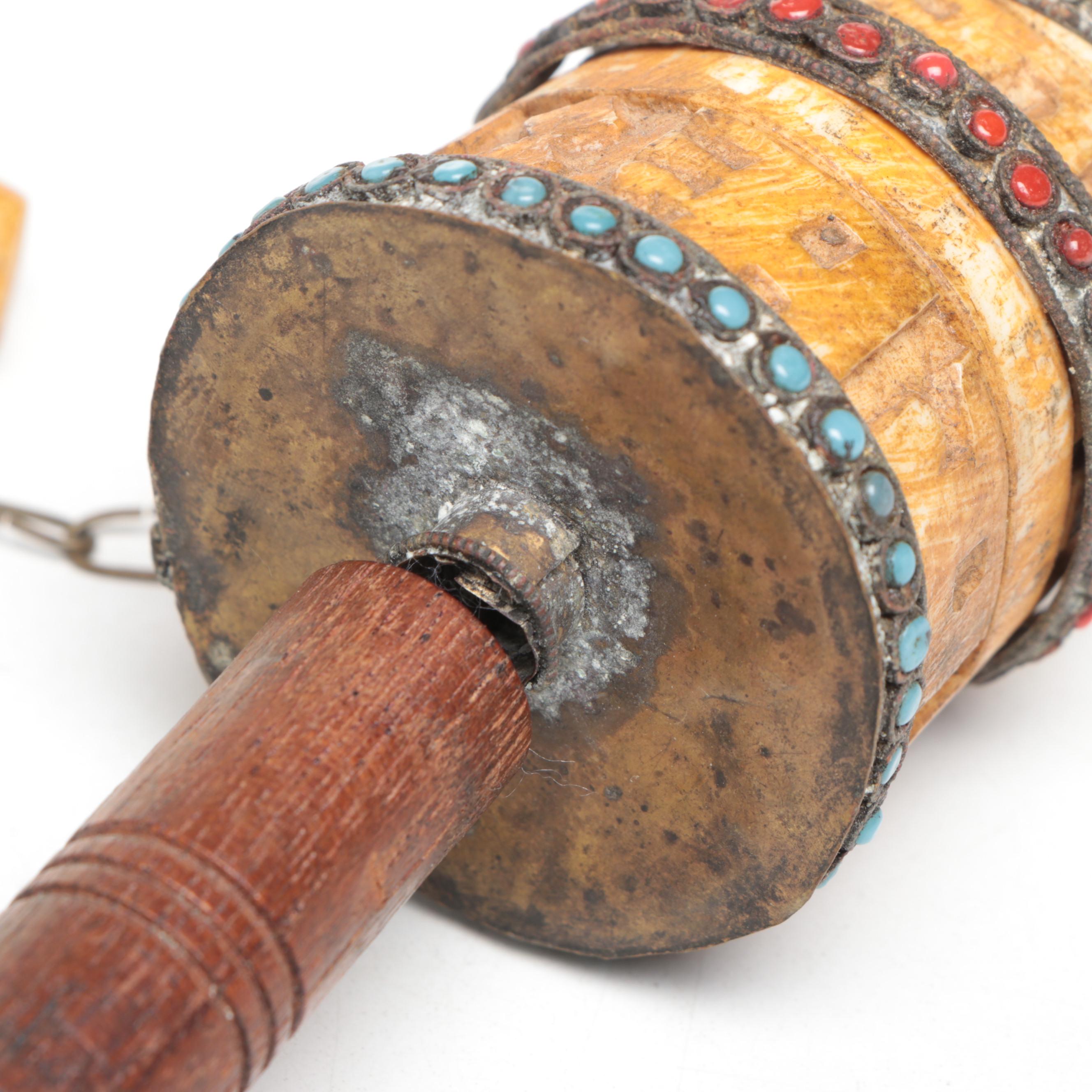Tibetan Buddhist Wood and Bone Prayer Wheel