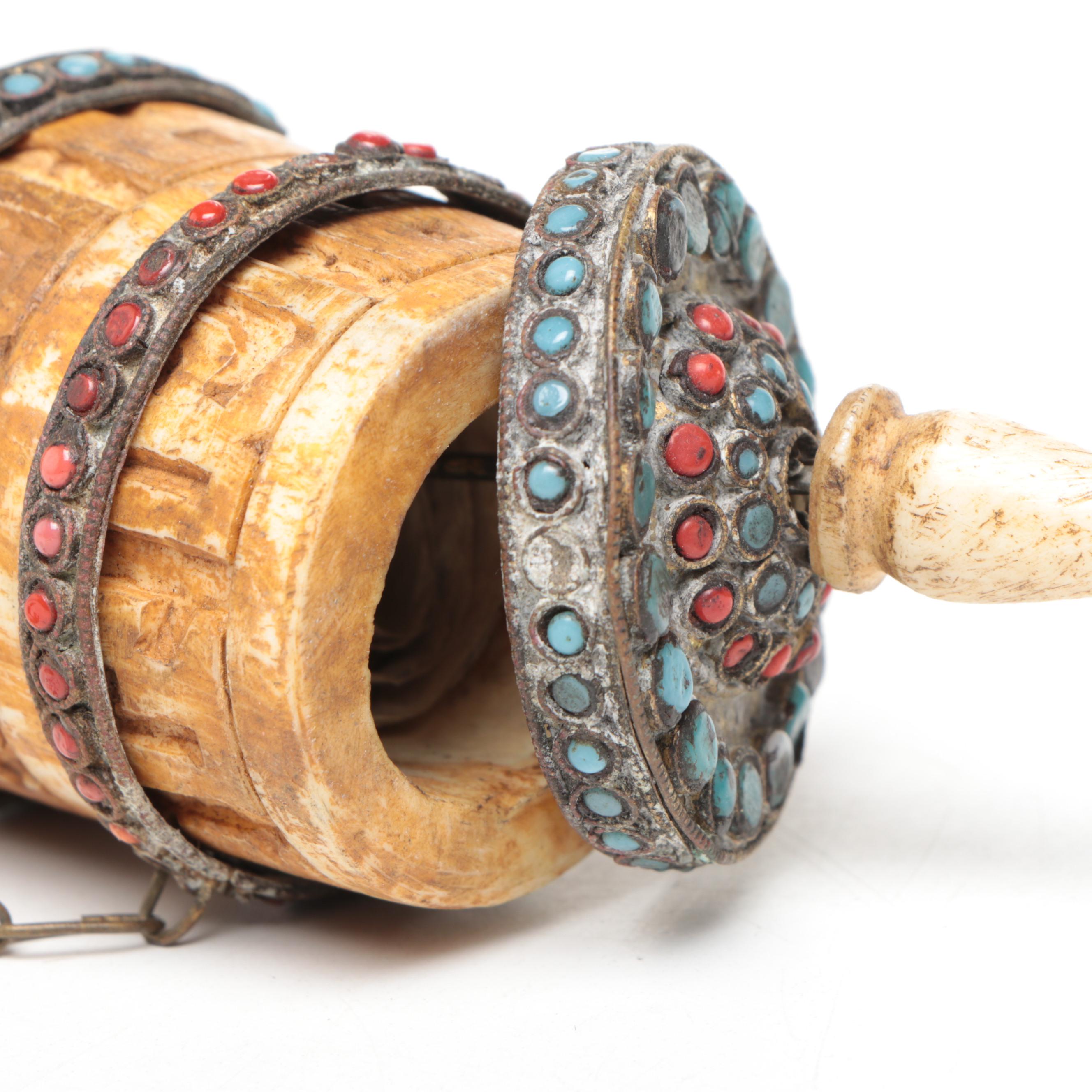 Tibetan Buddhist Wood and Bone Prayer Wheel