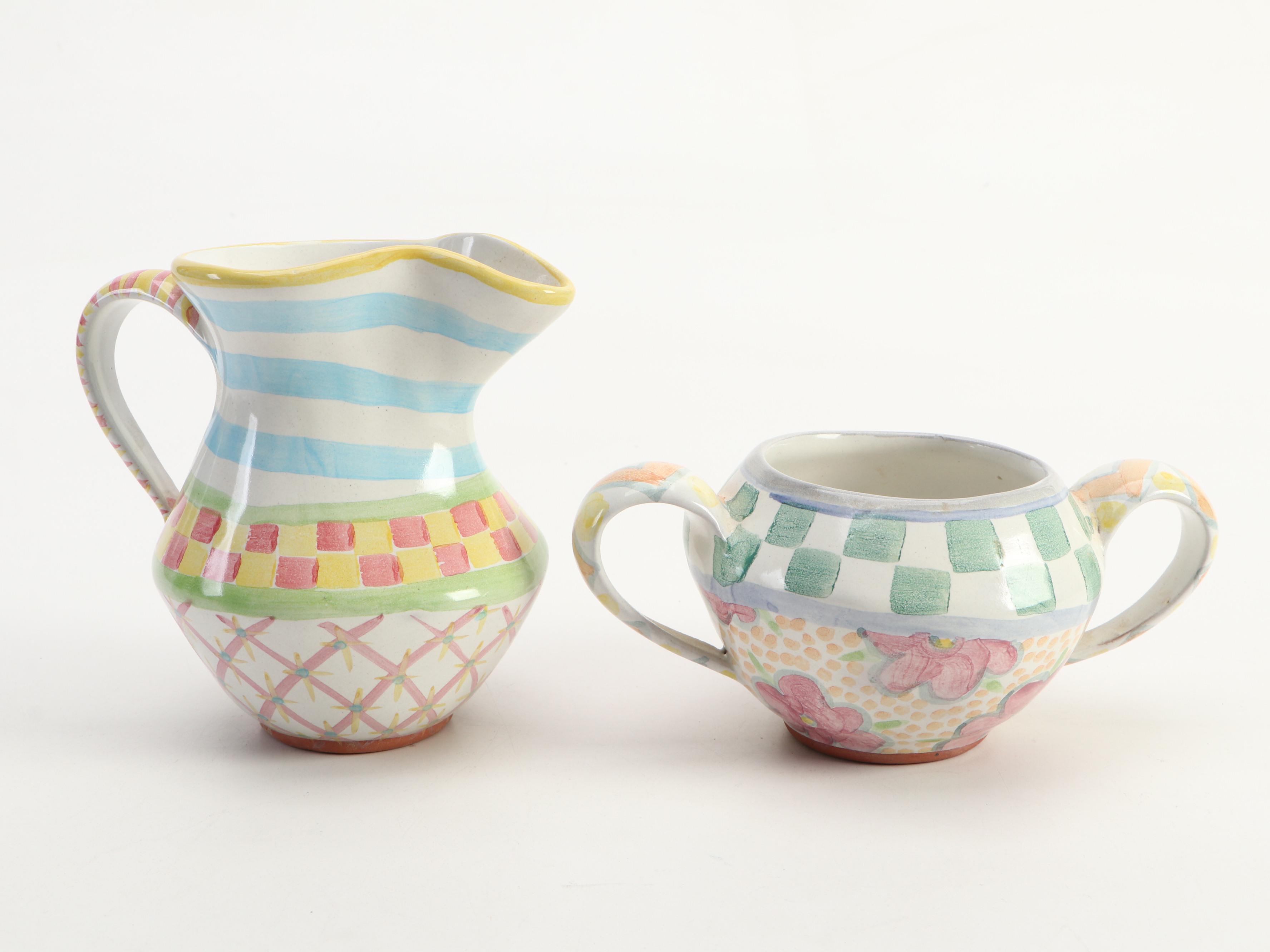 MacKenzie-Childs "Monet" Cake Stand with "Myrtle" Creamer and Sugar Bowl