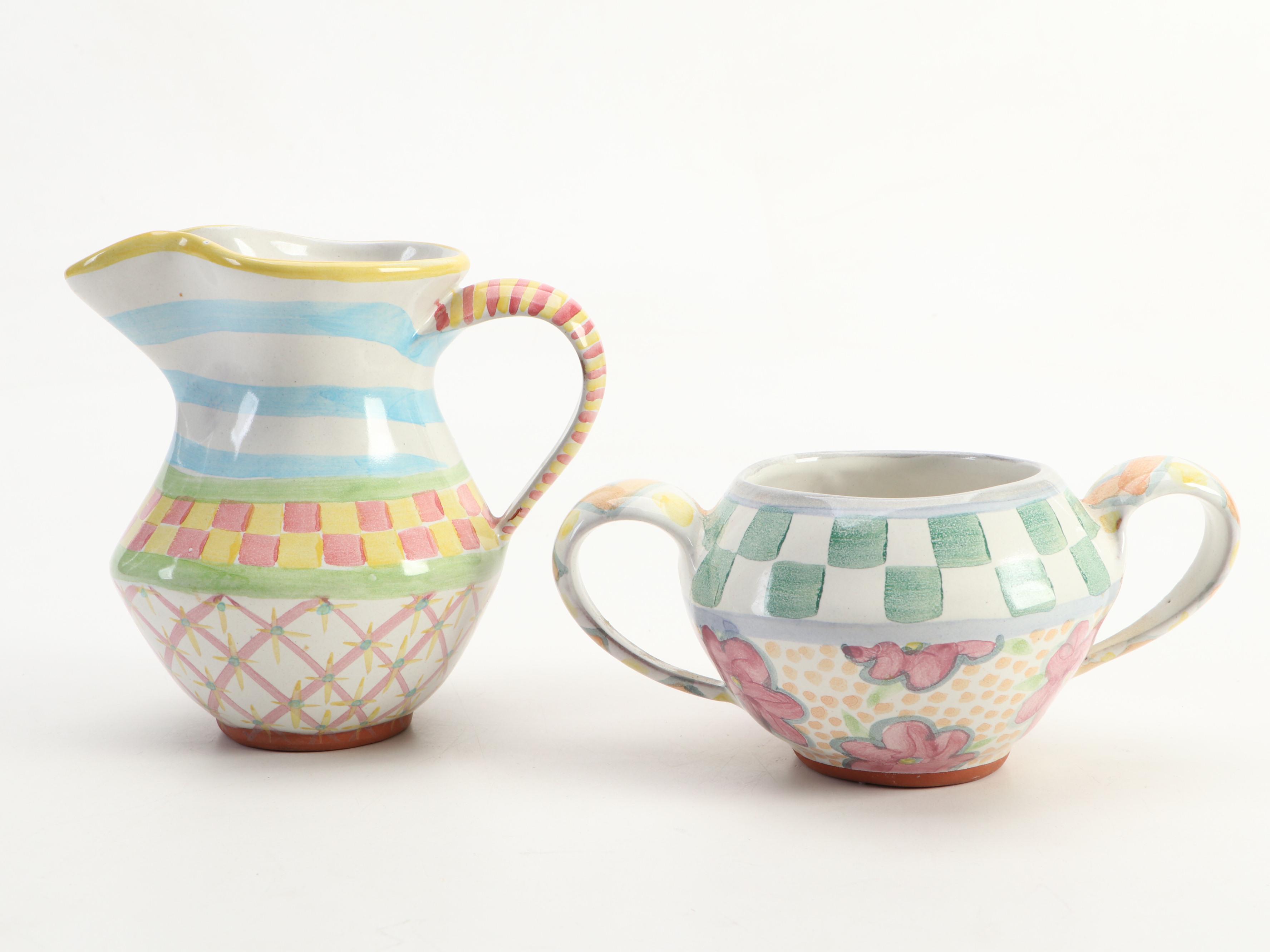 MacKenzie-Childs "Monet" Cake Stand with "Myrtle" Creamer and Sugar Bowl