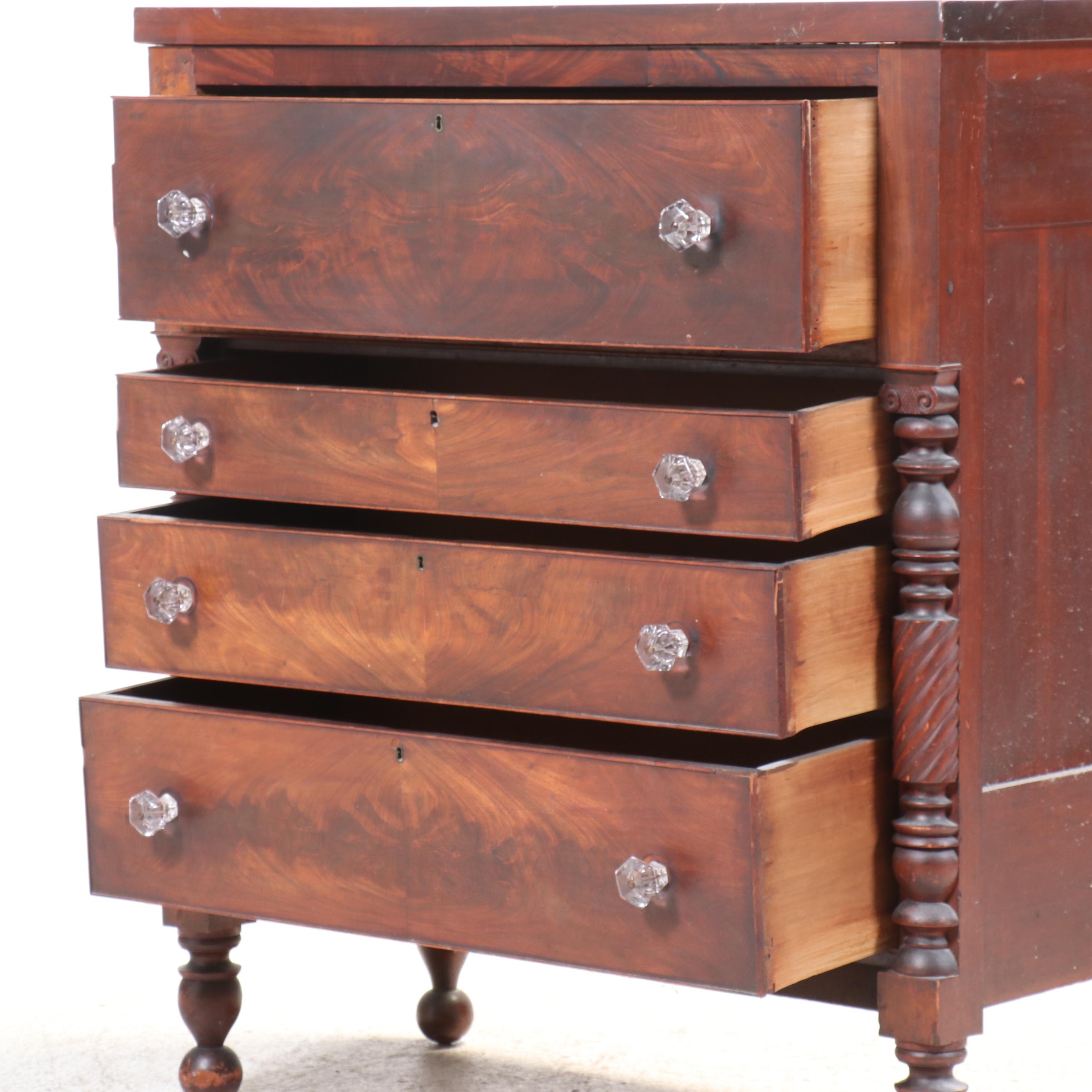 American Empire Figured Mahogany Four-Drawer Chest, Early to Mid-19th Century