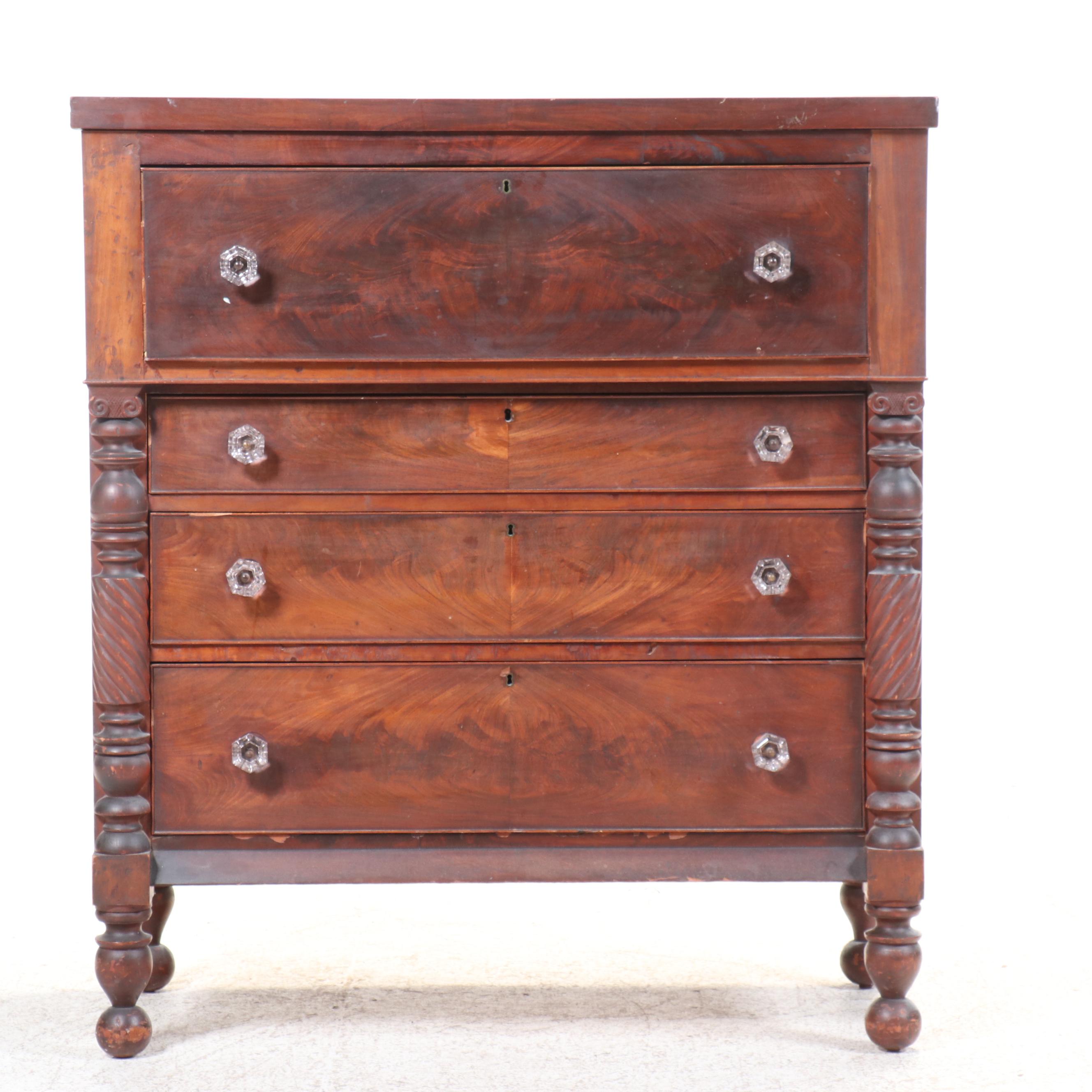 American Empire Figured Mahogany Four-Drawer Chest, Early to Mid-19th Century
