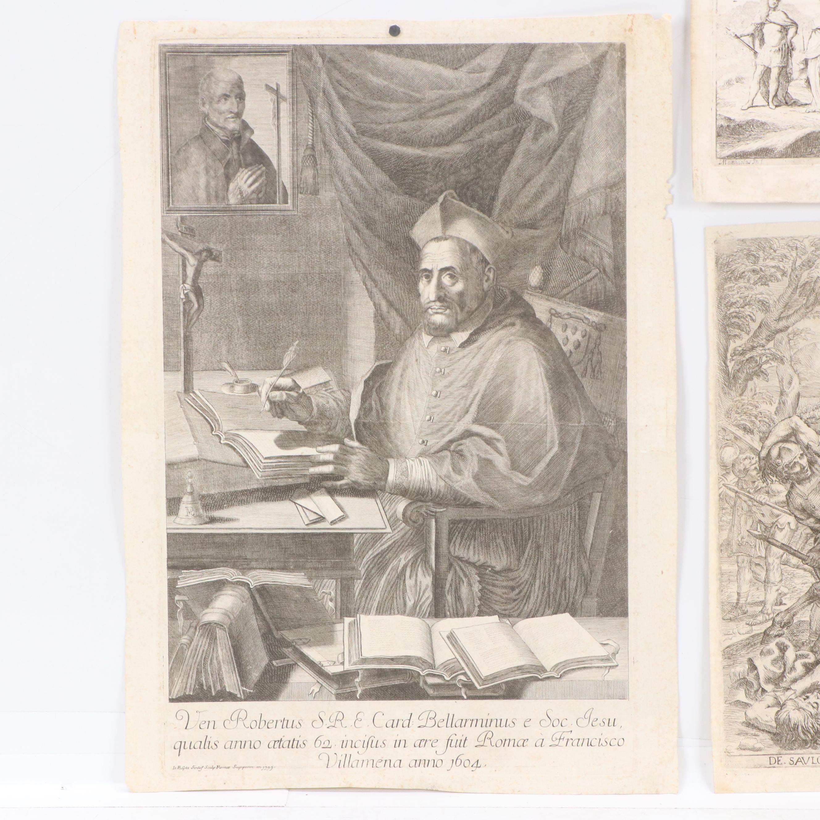 Antique Engraving of Cardinal Robert Bellarmine, 1749, and Other Engravings