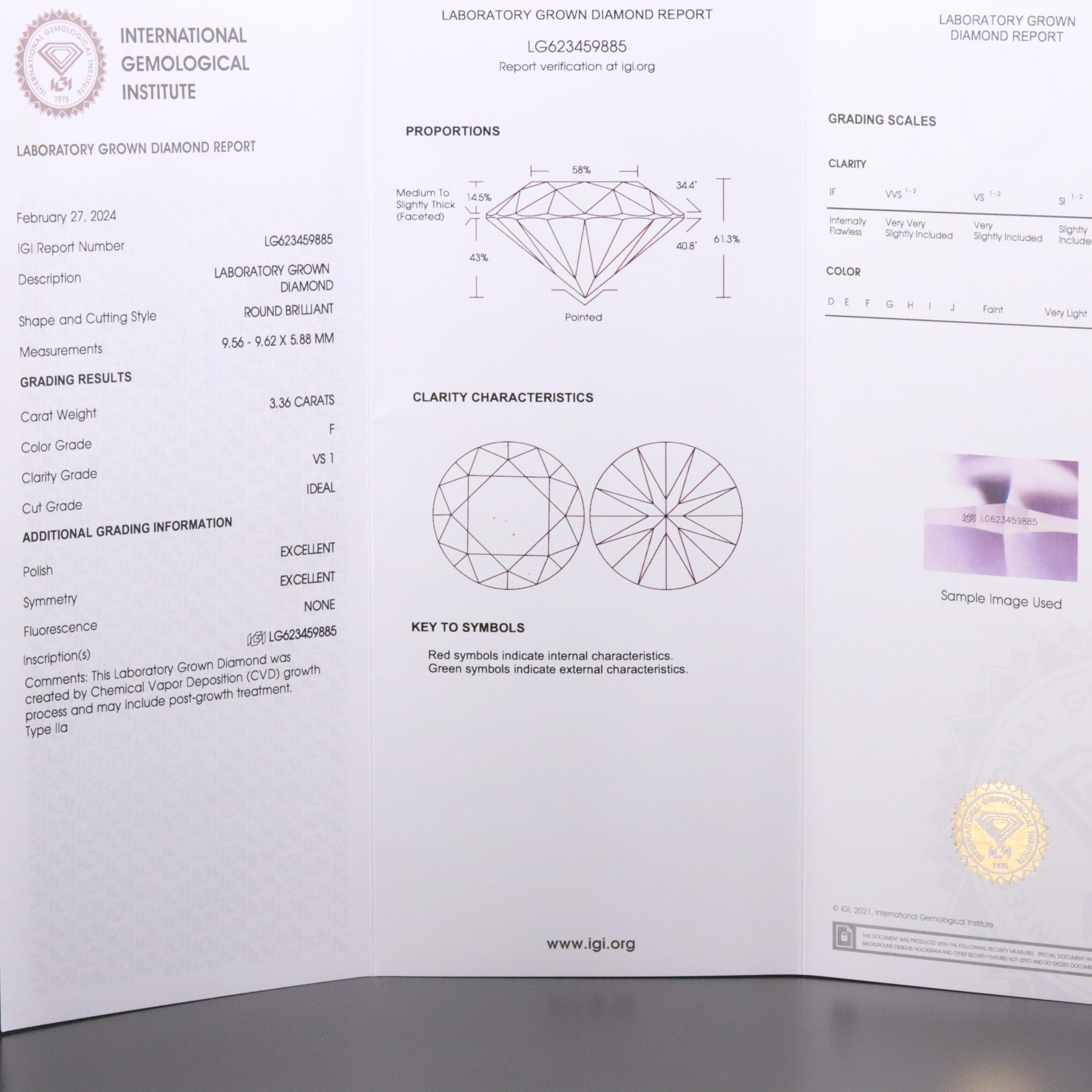 Loose 3.36 CT Lab Grown Diamond with IGI Report