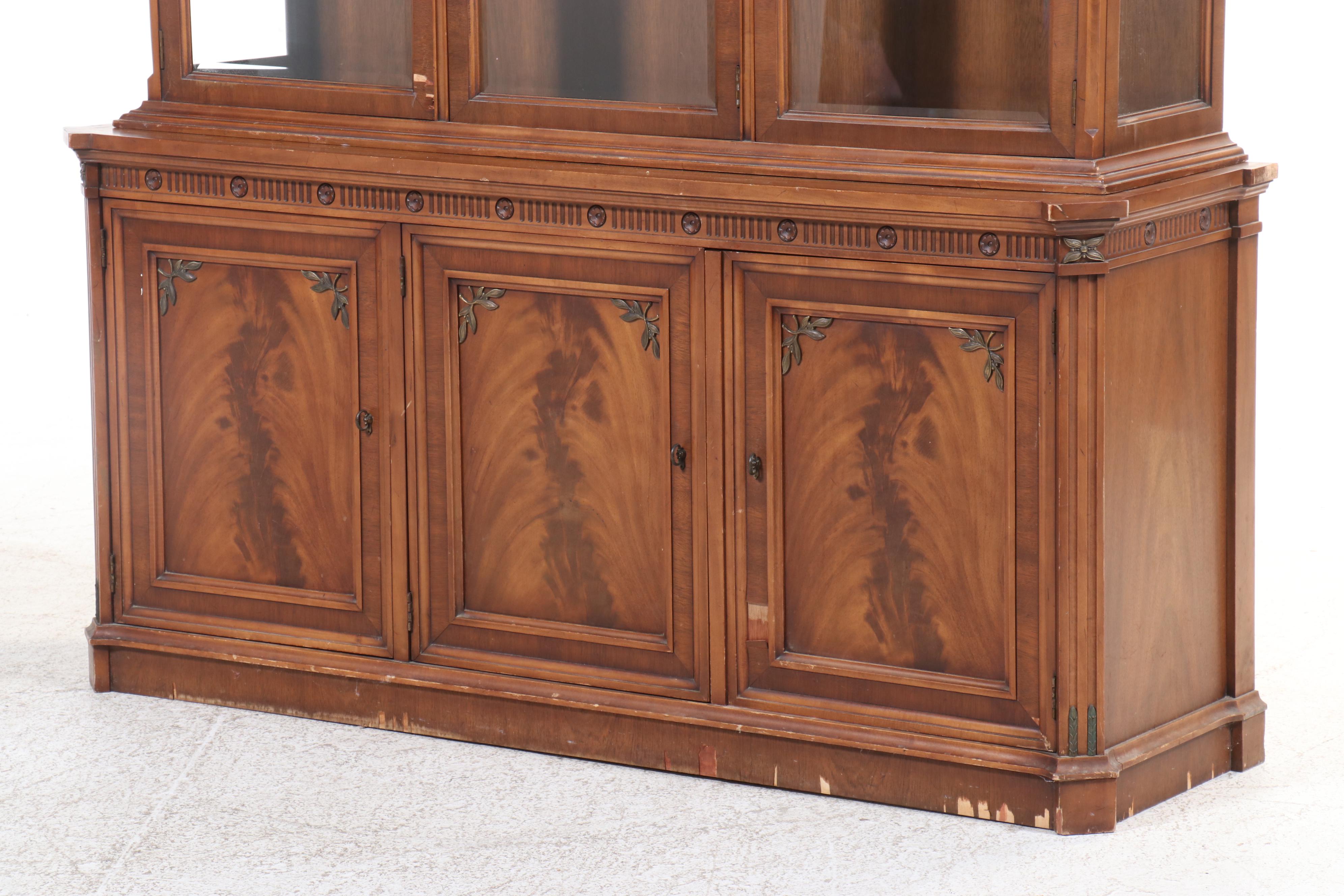 French Style Burl Walnut China Cabinet with Beveled Glass