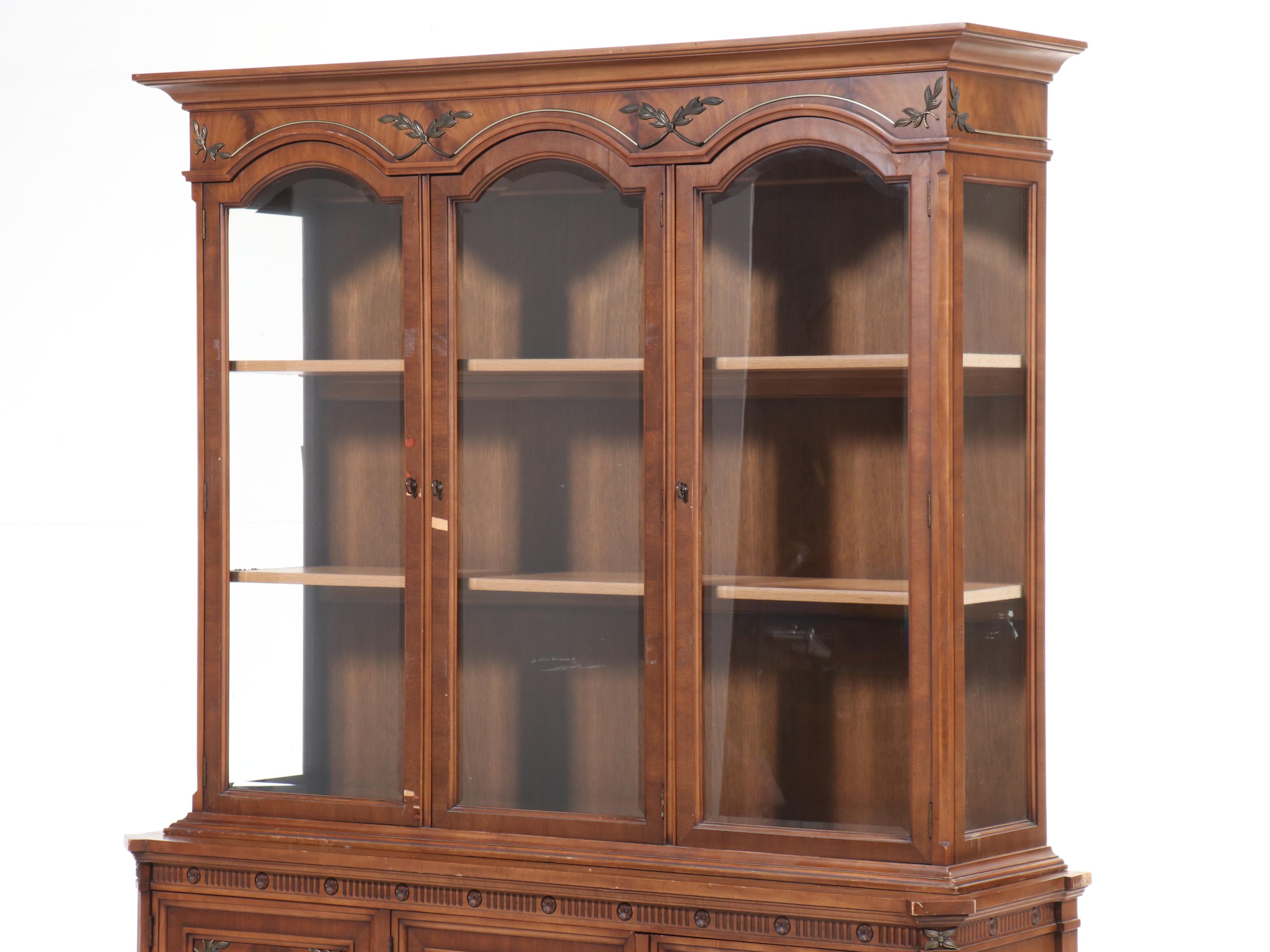 French Style Burl Walnut China Cabinet with Beveled Glass