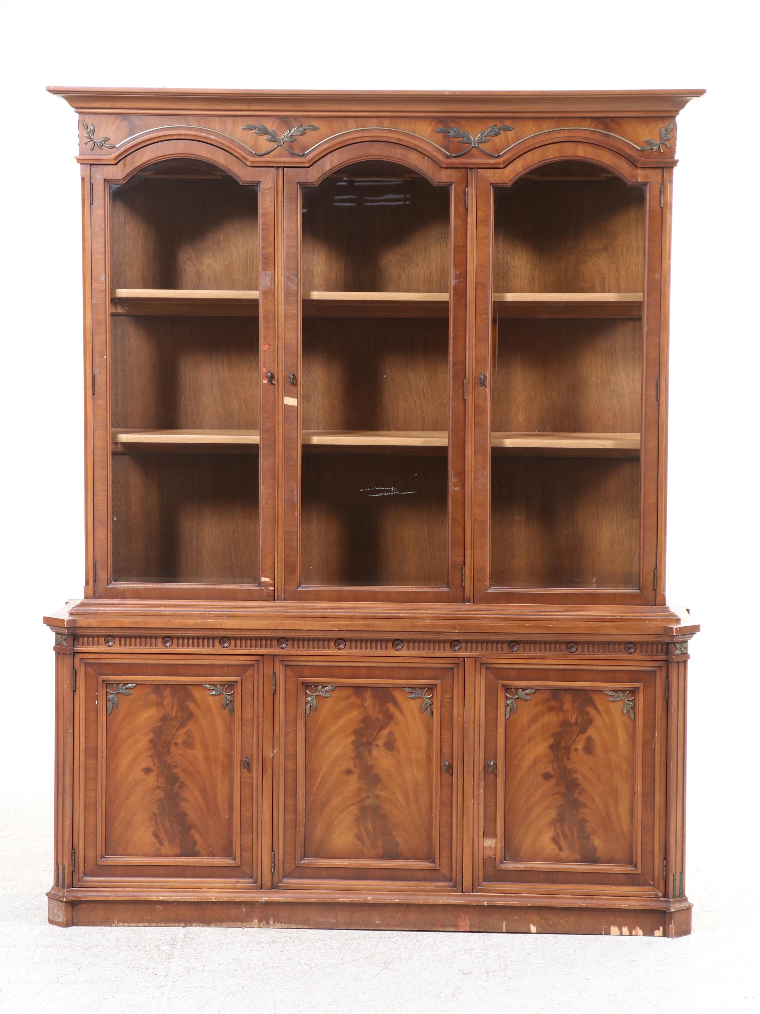 French Style Burl Walnut China Cabinet with Beveled Glass