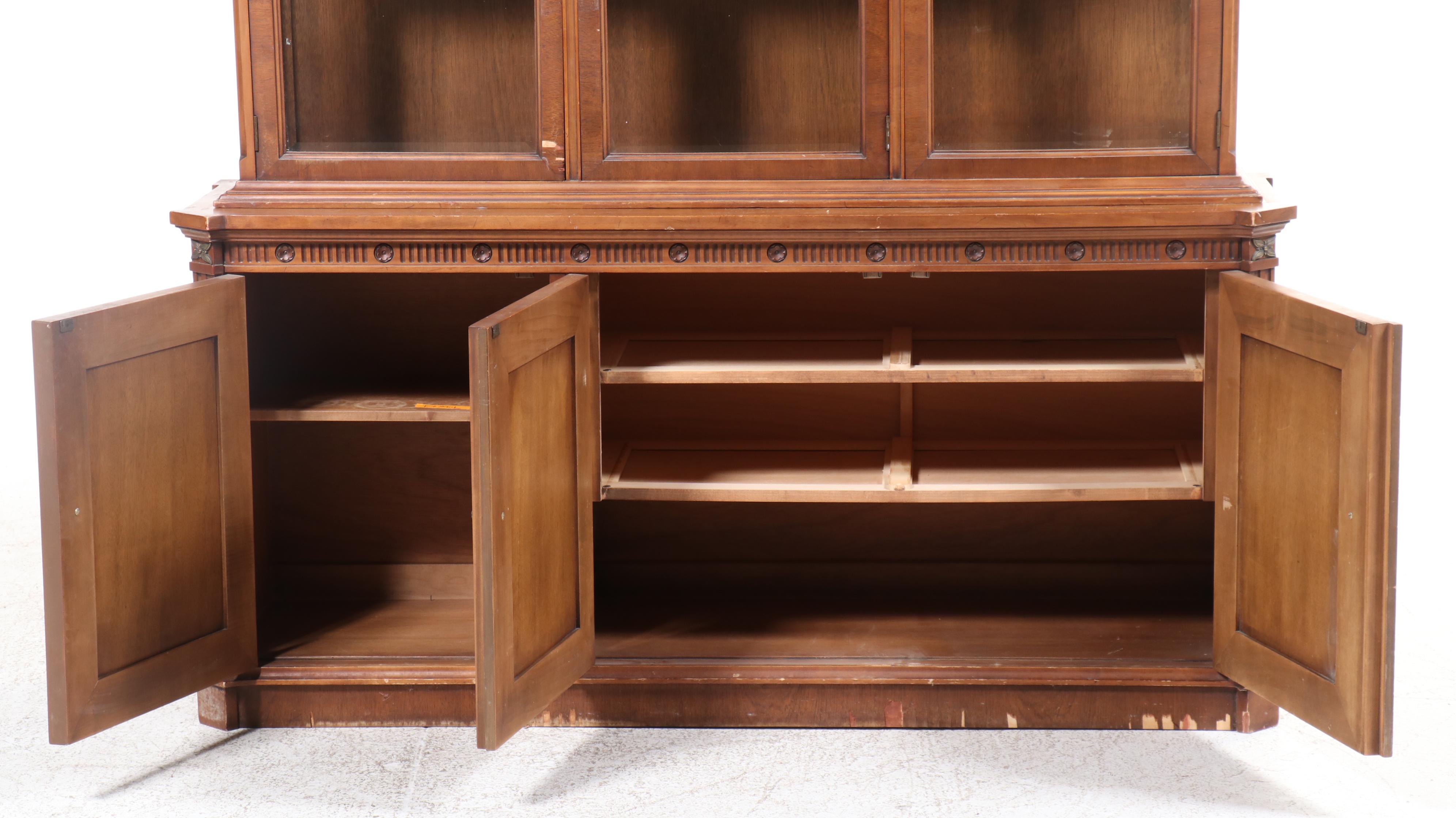 French Style Burl Walnut China Cabinet with Beveled Glass
