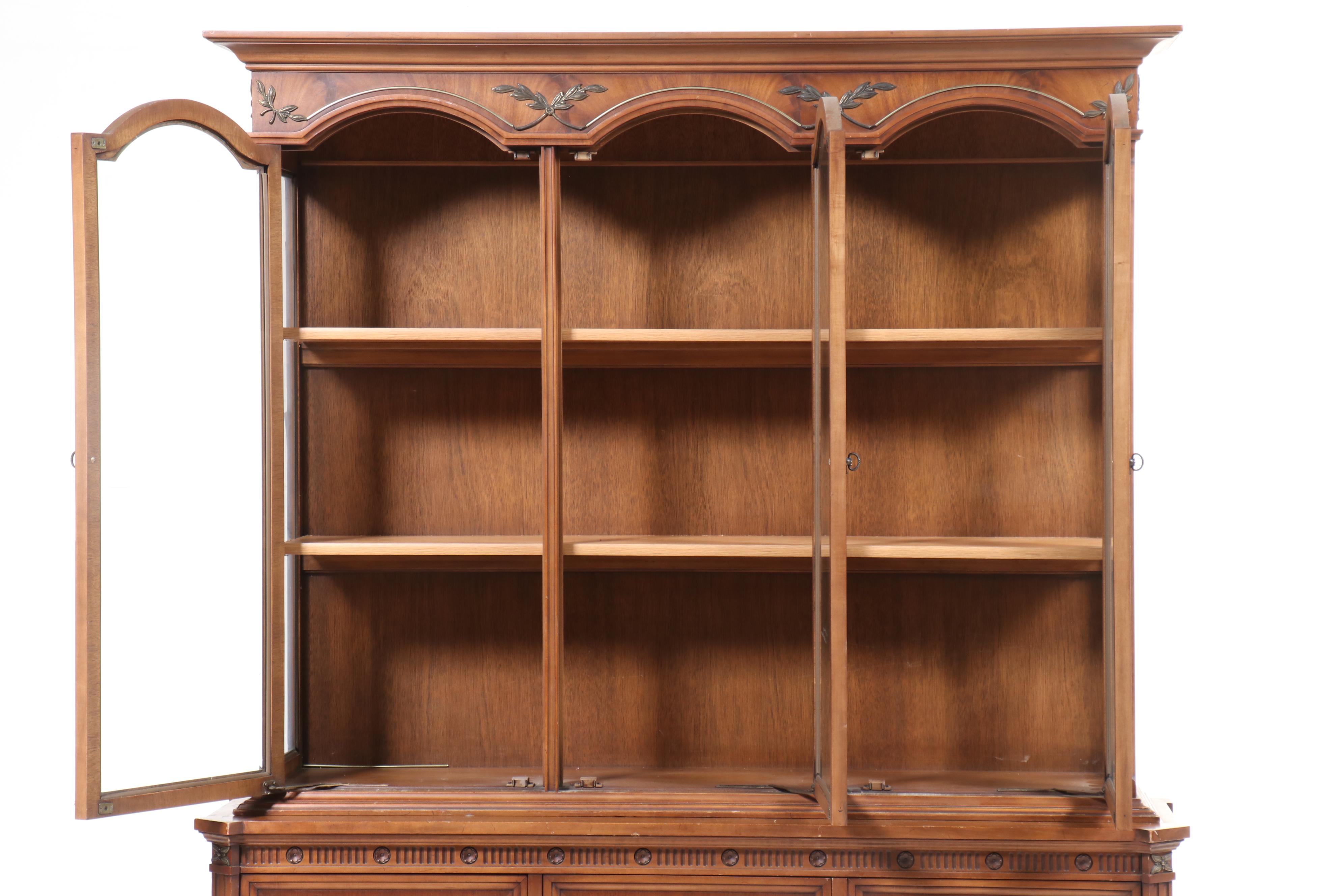 French Style Burl Walnut China Cabinet with Beveled Glass