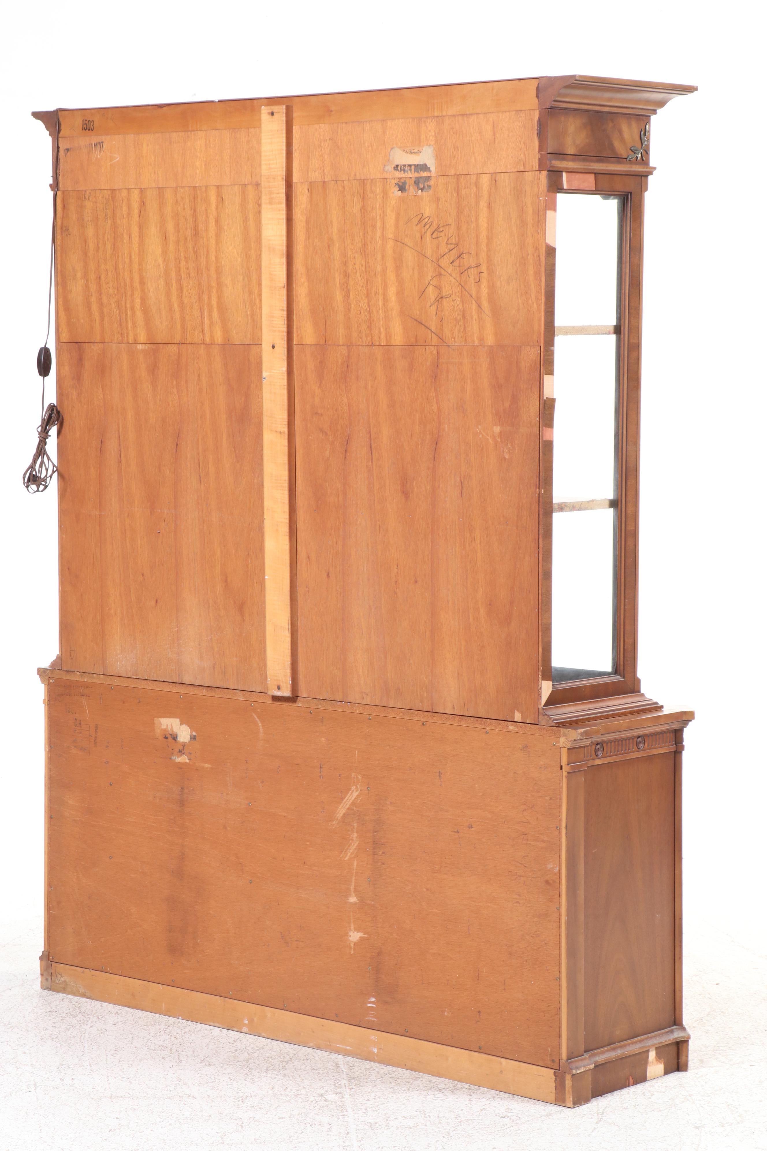 French Style Burl Walnut China Cabinet with Beveled Glass