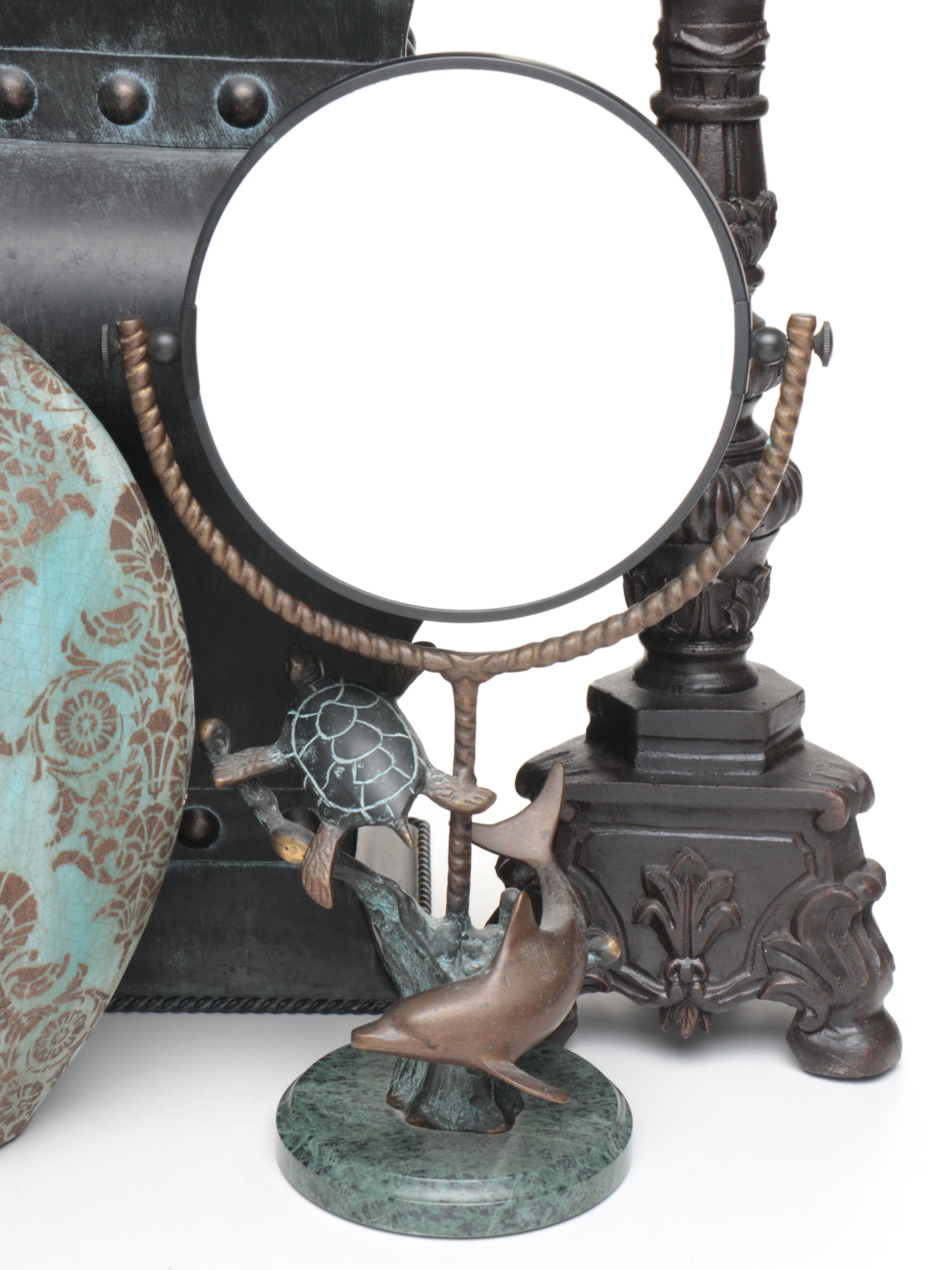 Pair of Footed Pillar Candle Holders with Decorative Vases and Mirror