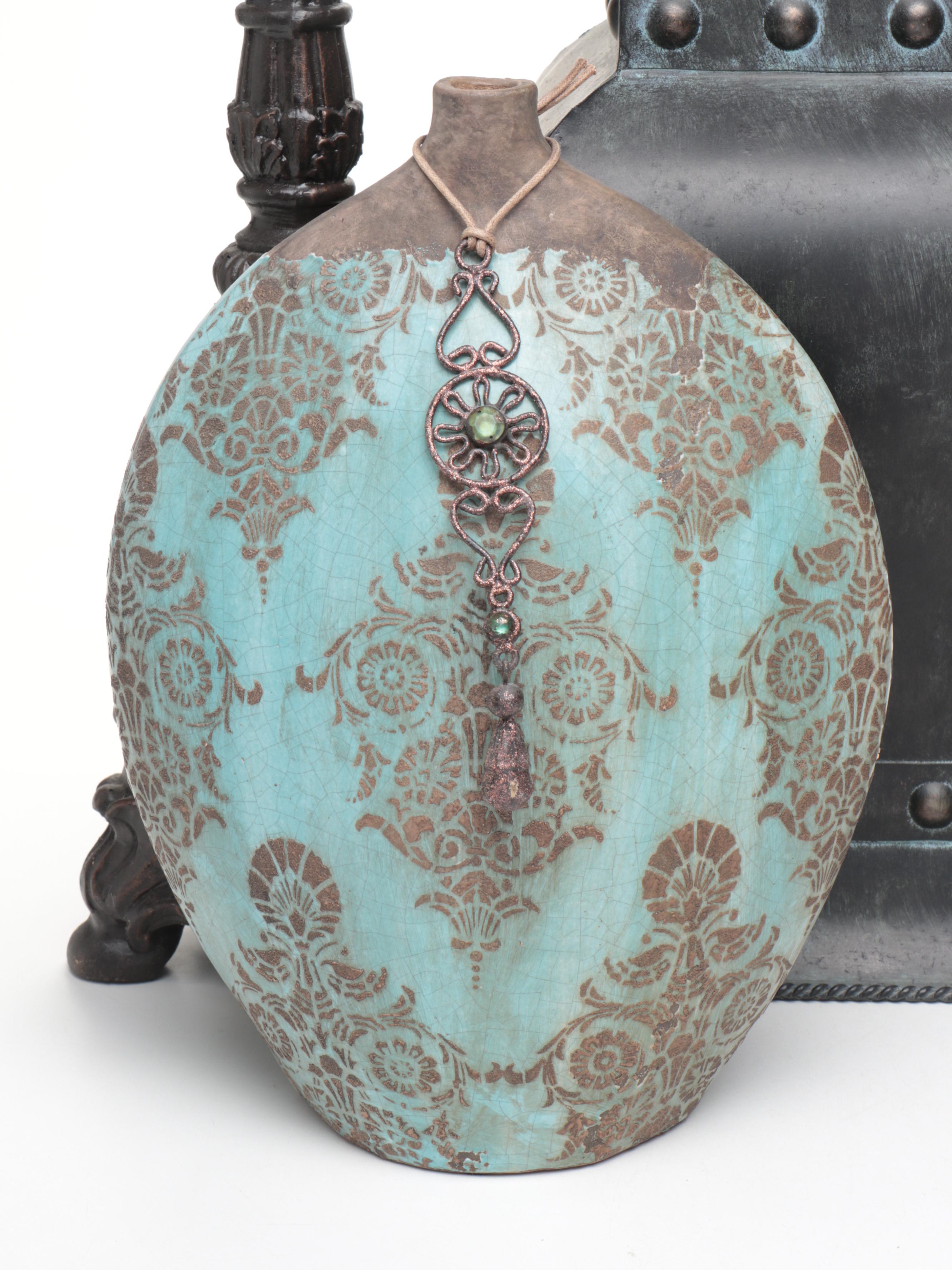 Pair of Footed Pillar Candle Holders with Decorative Vases and Mirror