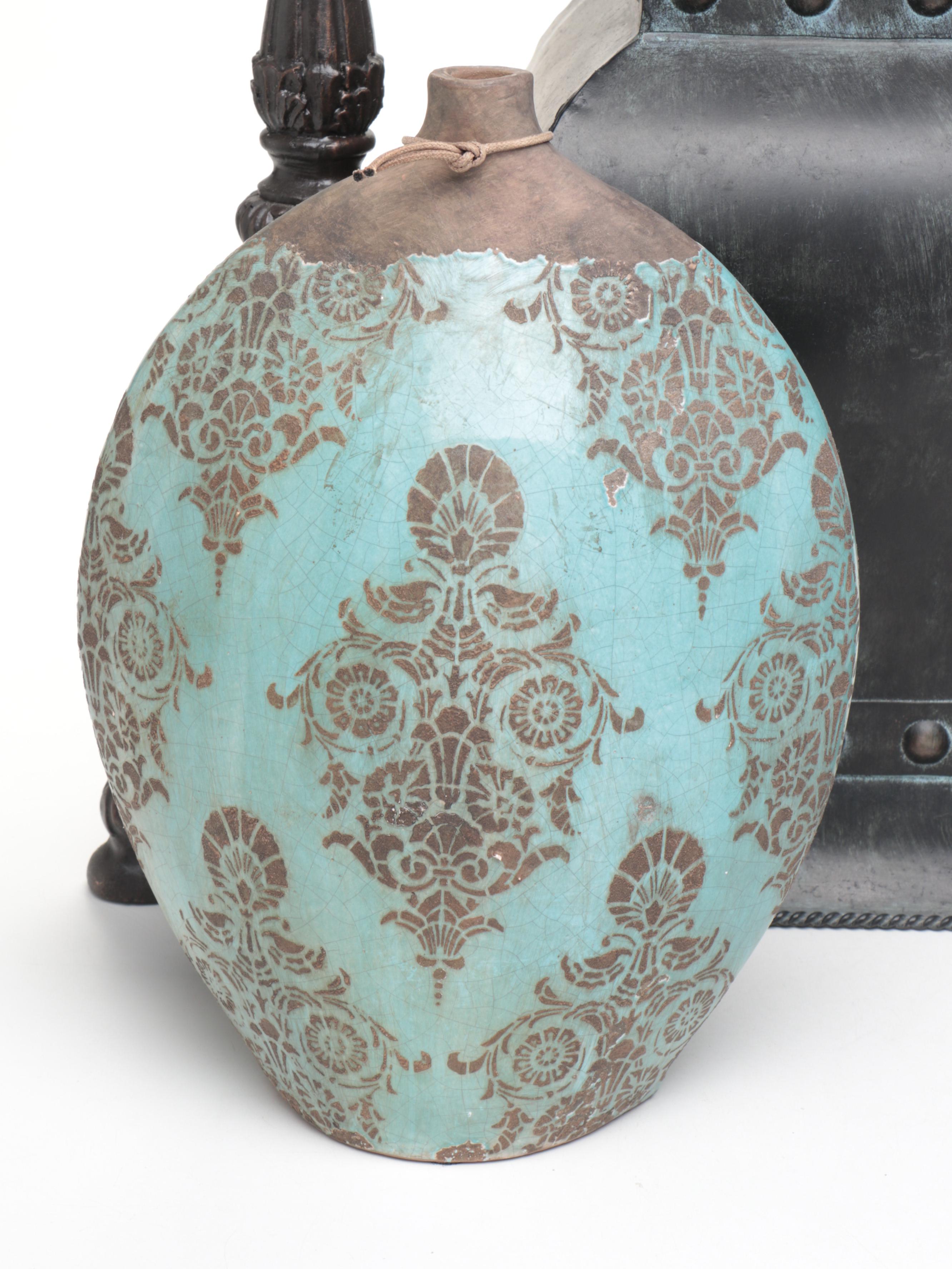 Pair of Footed Pillar Candle Holders with Decorative Vases and Mirror