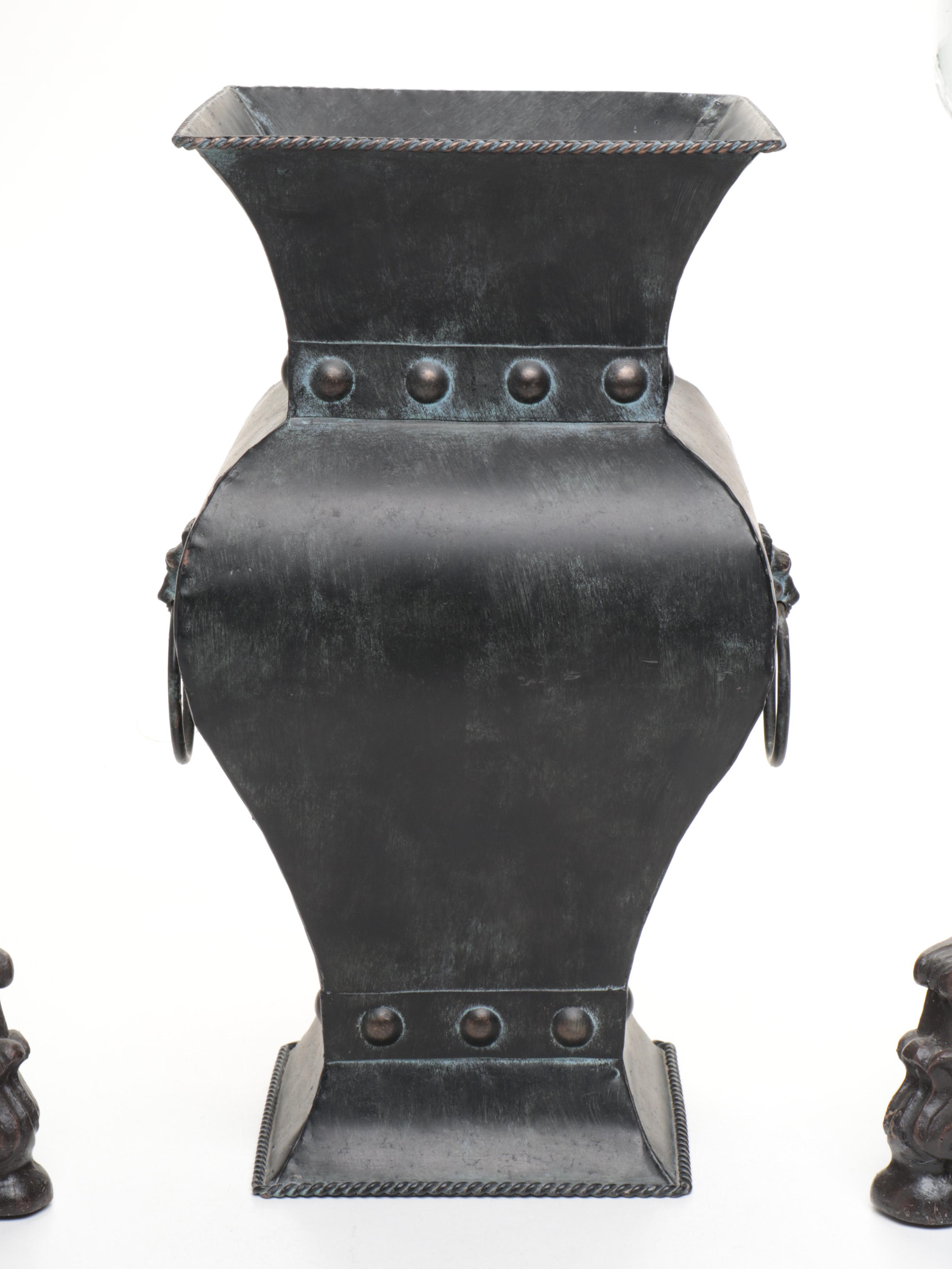 Pair of Footed Pillar Candle Holders with Decorative Vases and Mirror