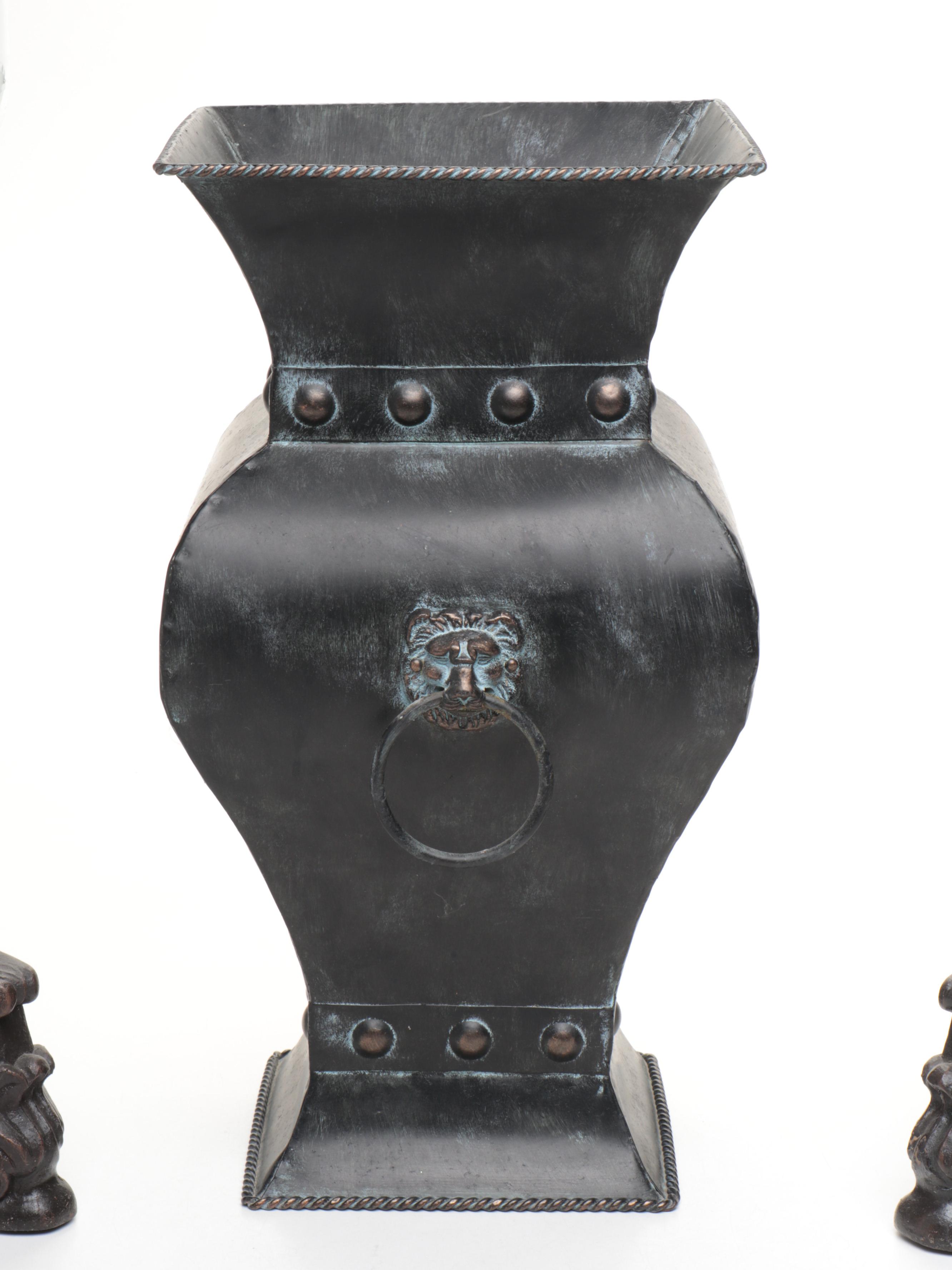 Pair of Footed Pillar Candle Holders with Decorative Vases and Mirror