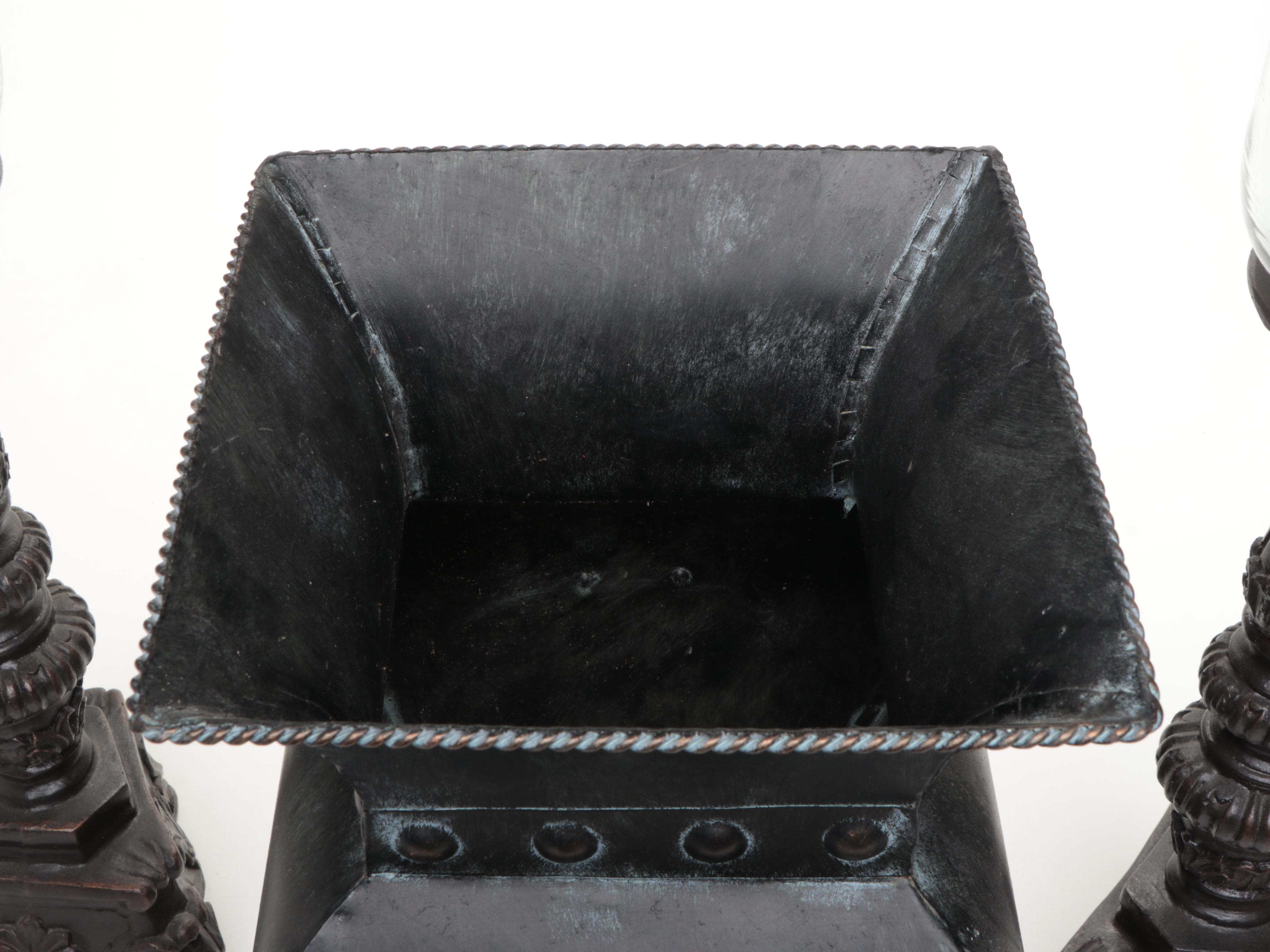 Pair of Footed Pillar Candle Holders with Decorative Vases and Mirror