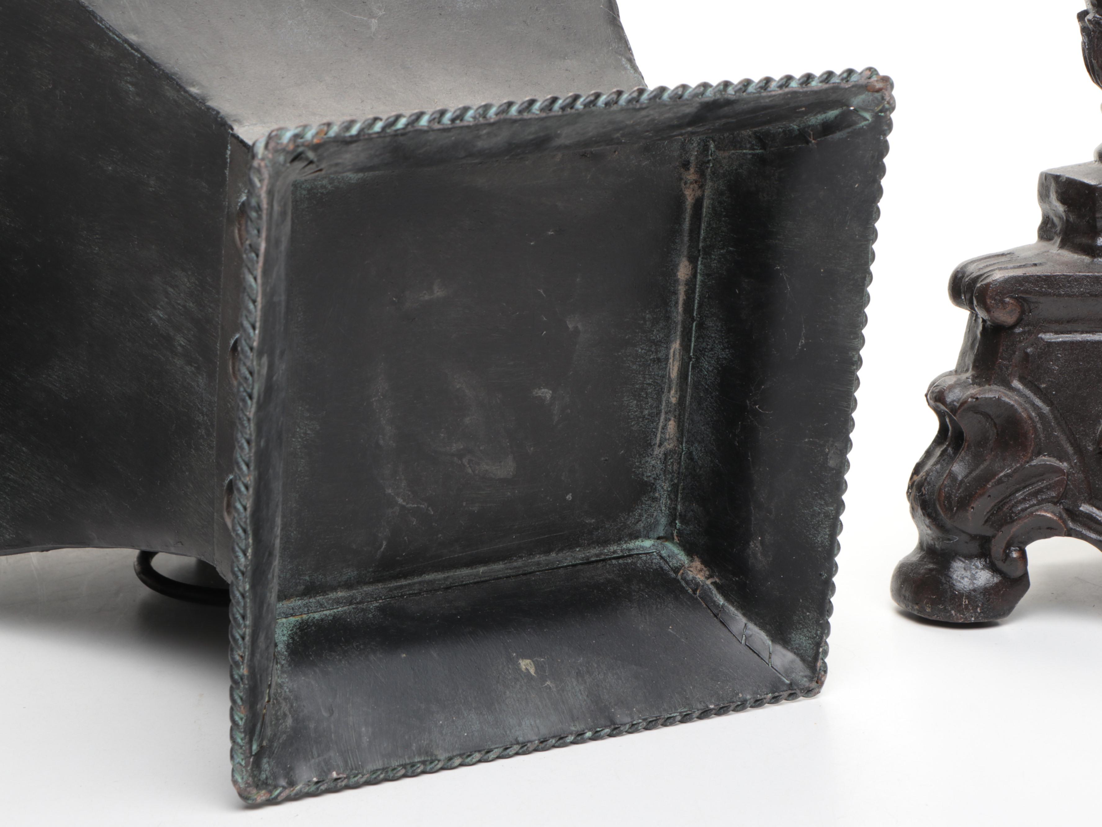 Pair of Footed Pillar Candle Holders with Decorative Vases and Mirror