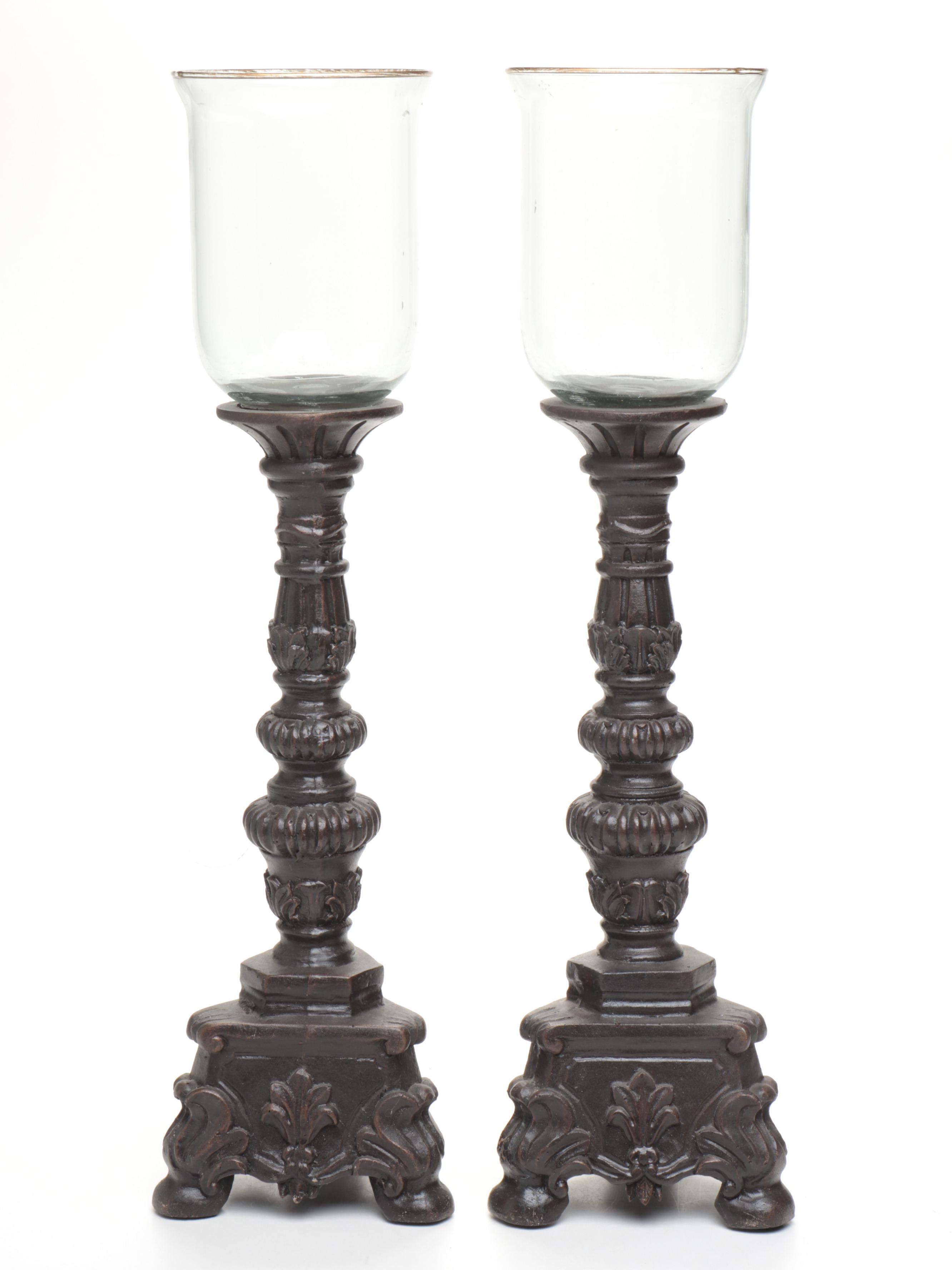 Pair of Footed Pillar Candle Holders with Decorative Vases and Mirror