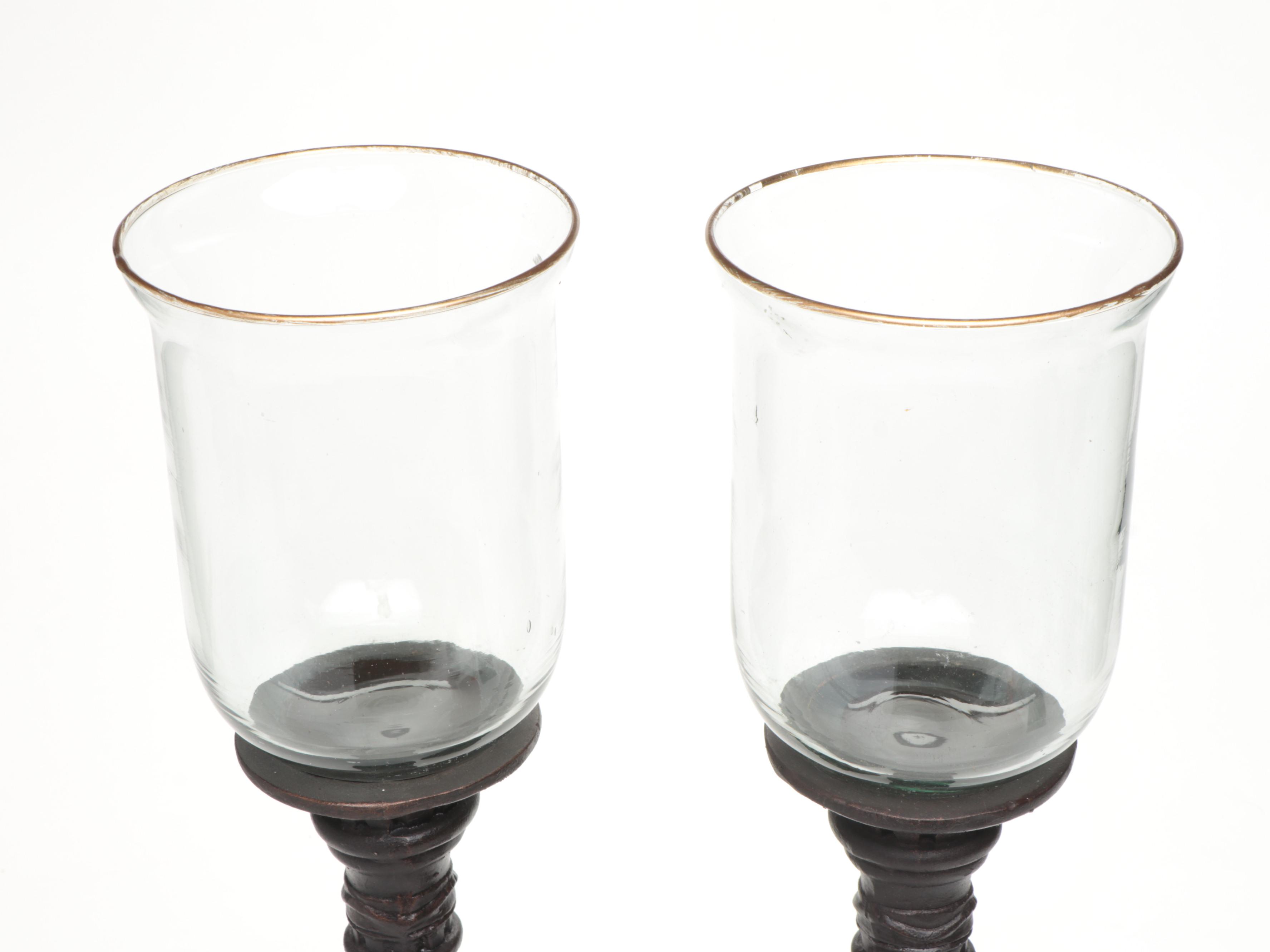 Pair of Footed Pillar Candle Holders with Decorative Vases and Mirror