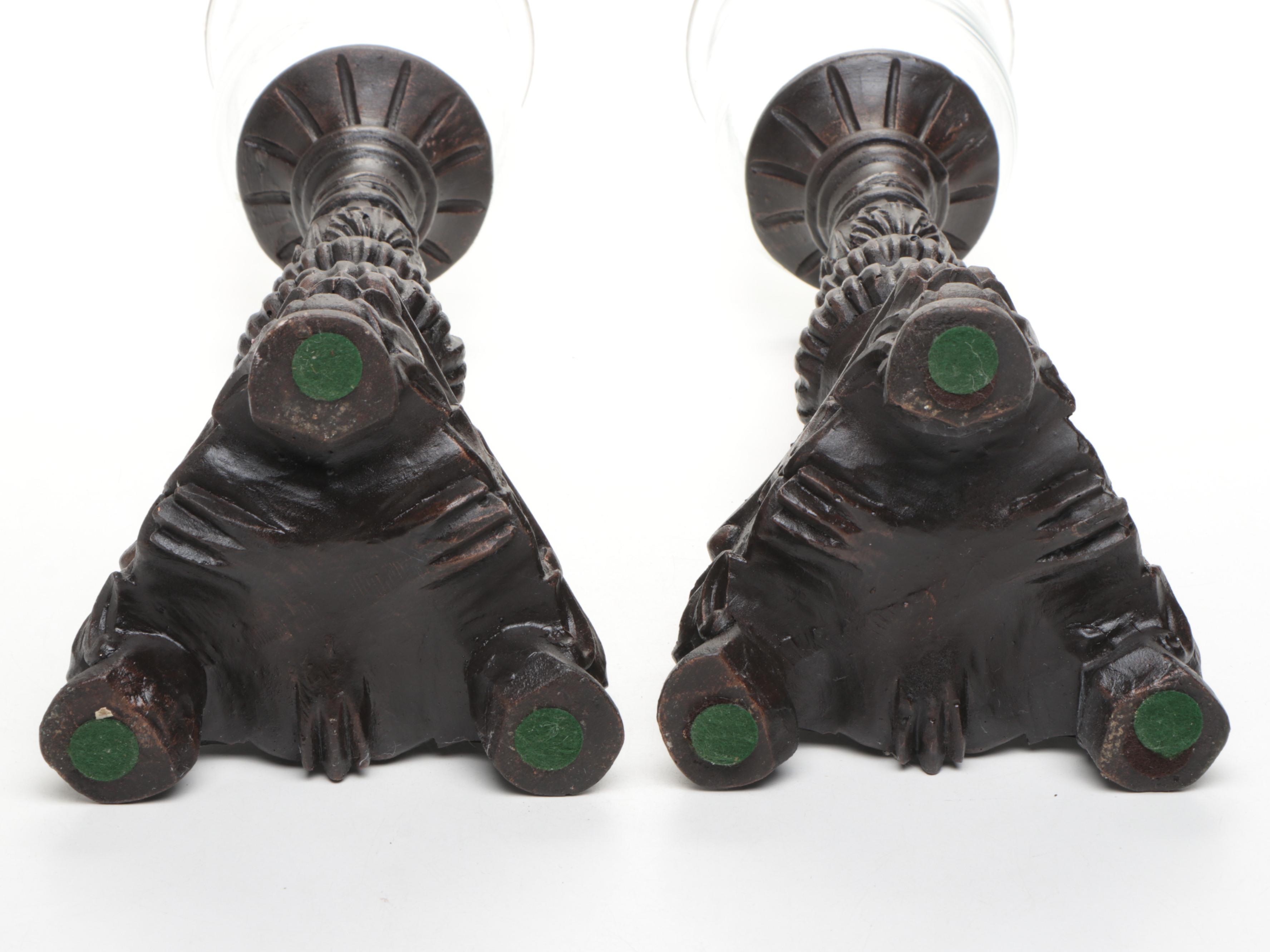 Pair of Footed Pillar Candle Holders with Decorative Vases and Mirror