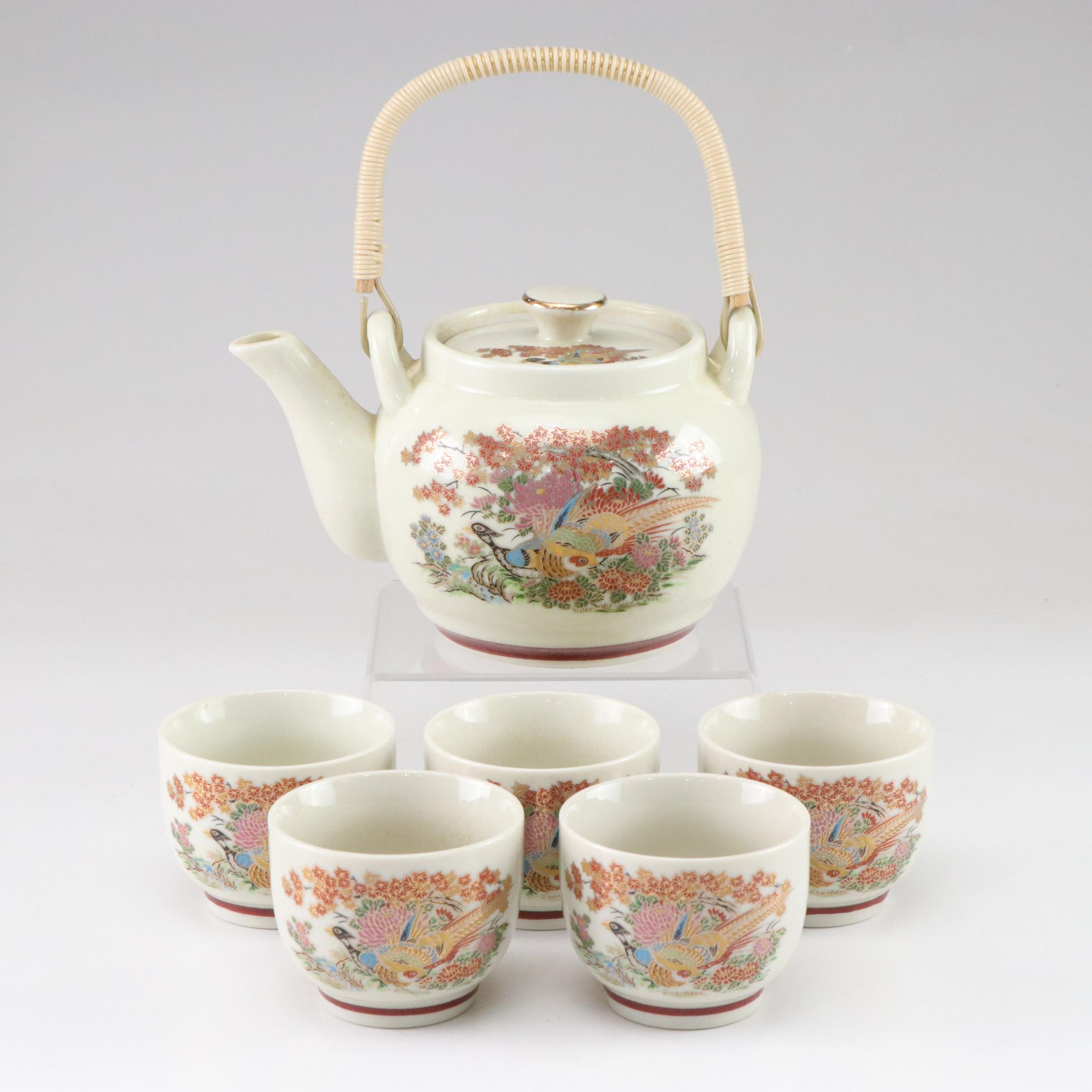 Japanese Porcelain Teapot & Cups with Gilt-Painted Birds