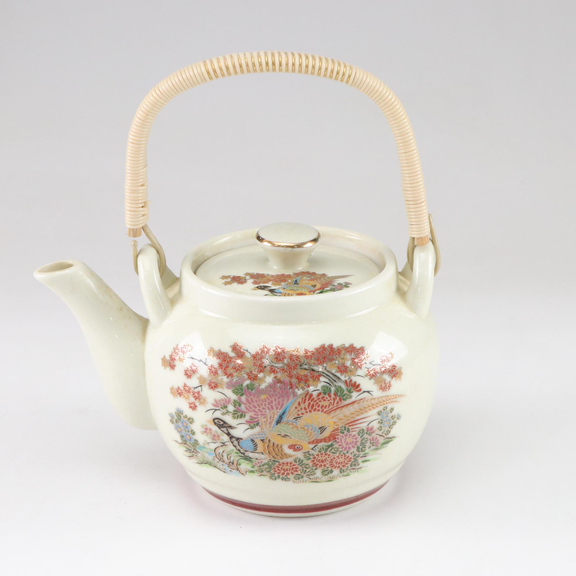 Japanese Porcelain Teapot & Cups with Gilt-Painted Birds