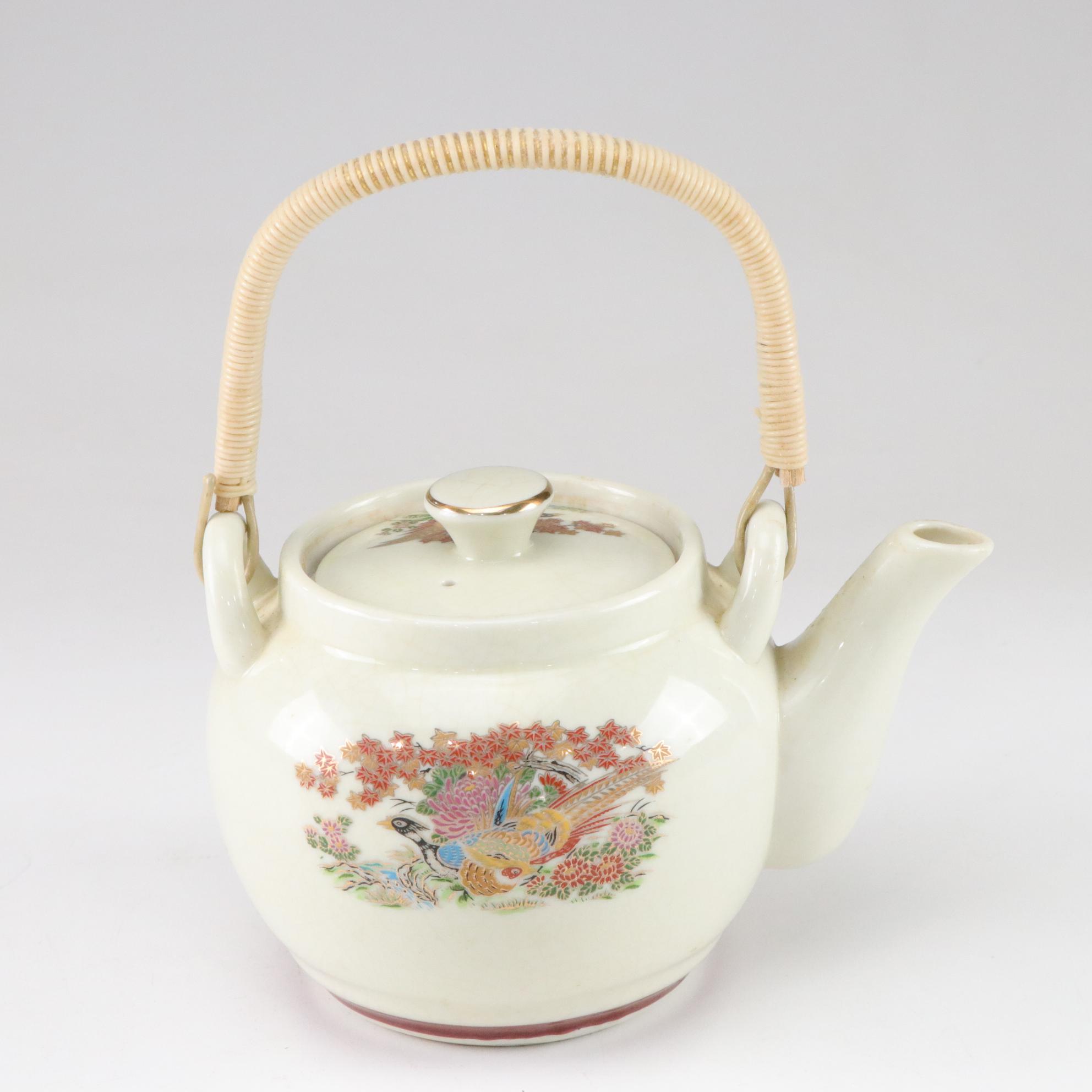 Japanese Porcelain Teapot & Cups with Gilt-Painted Birds
