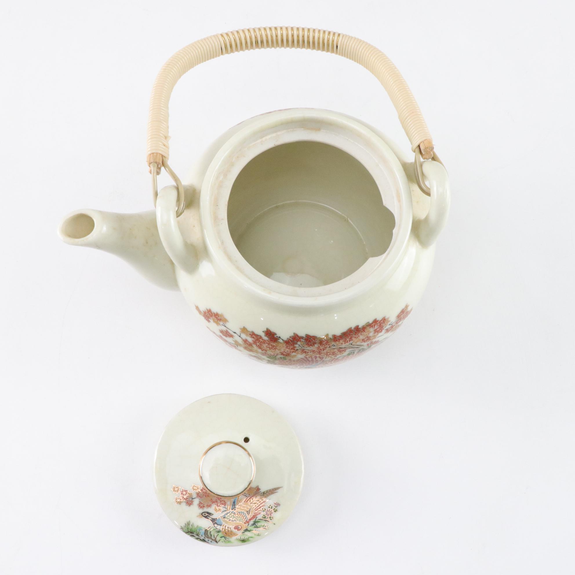 Japanese Porcelain Teapot & Cups with Gilt-Painted Birds