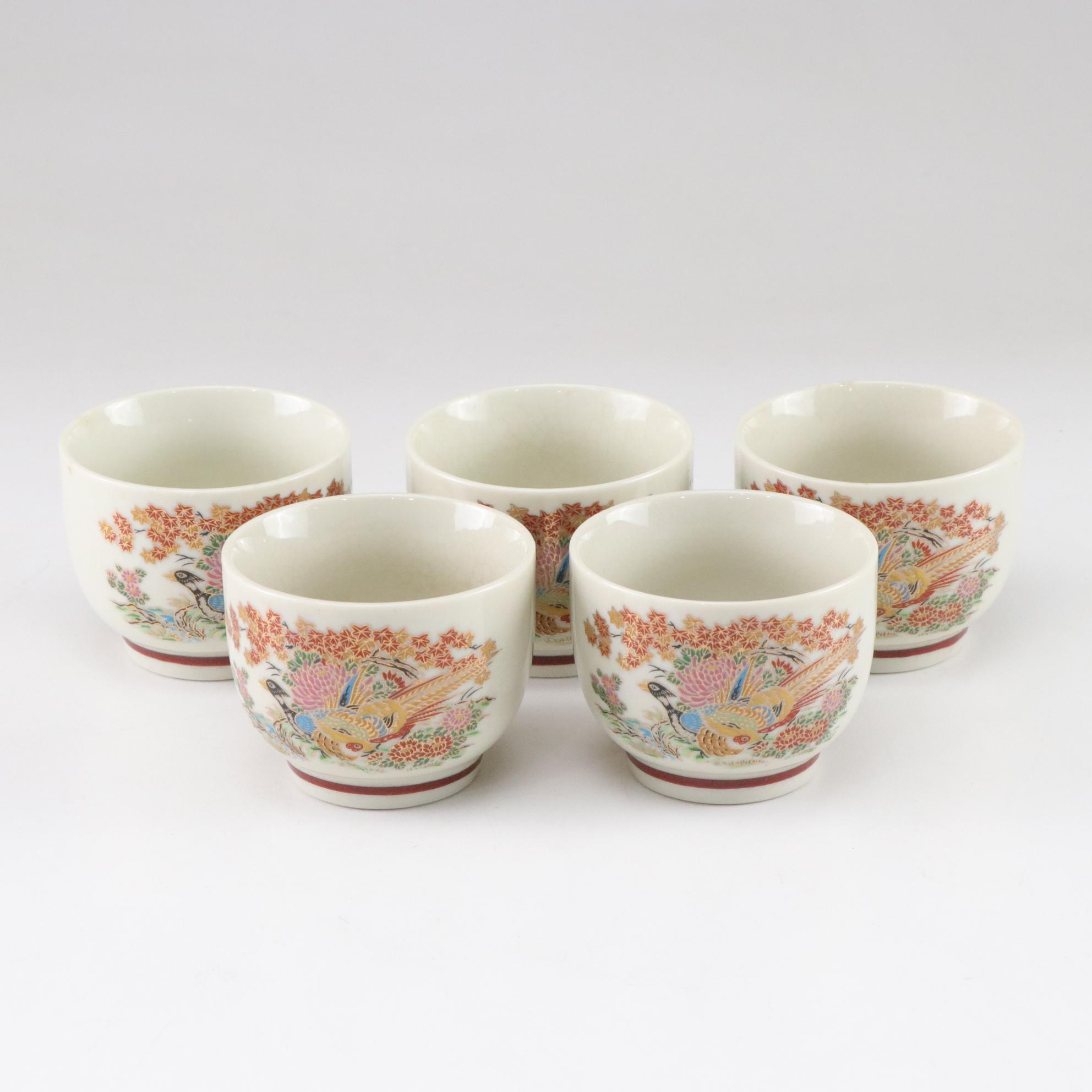 Japanese Porcelain Teapot & Cups with Gilt-Painted Birds