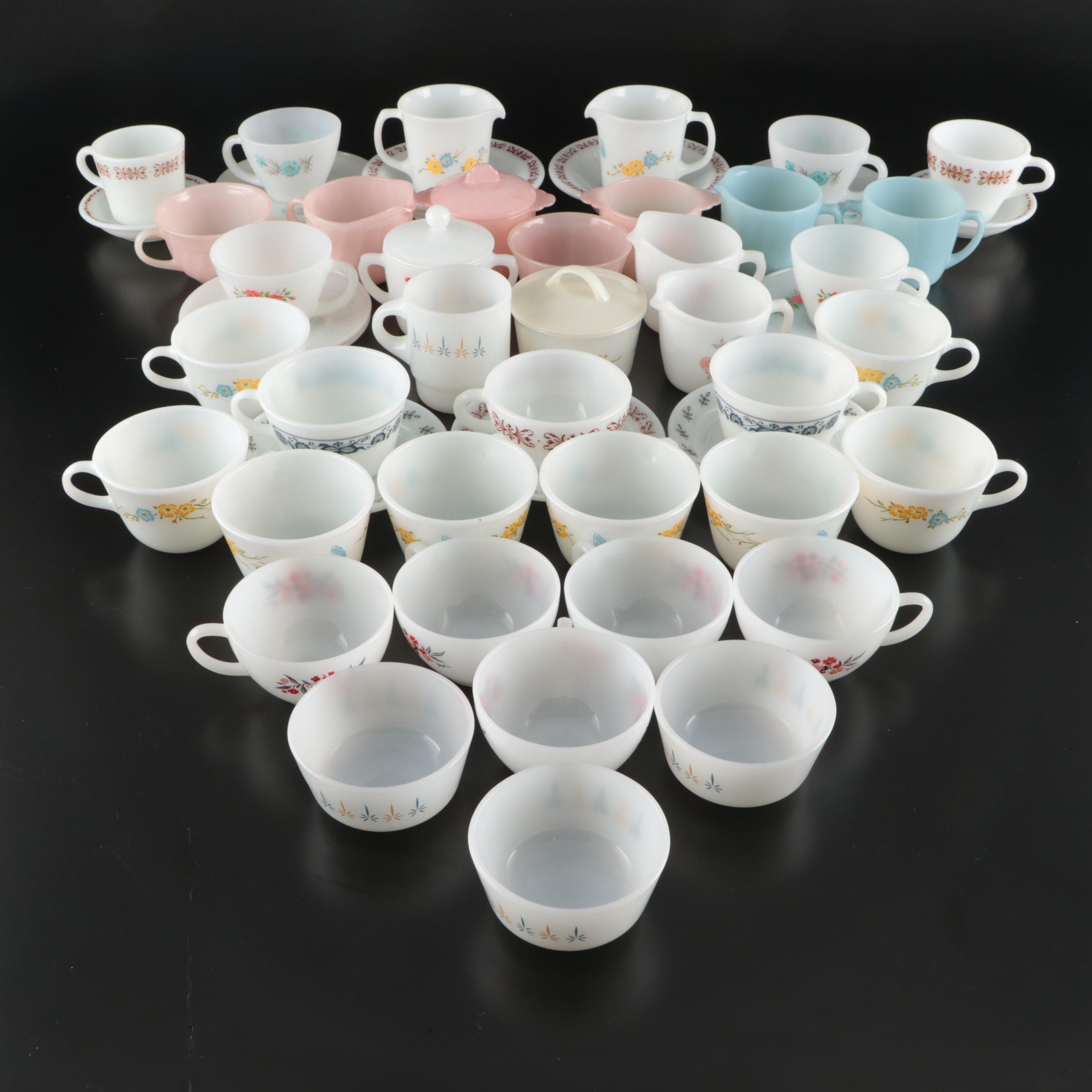 Fire-King and Pyrex Glass Teacups, Saucers, Sugar Bowls, and Creamers