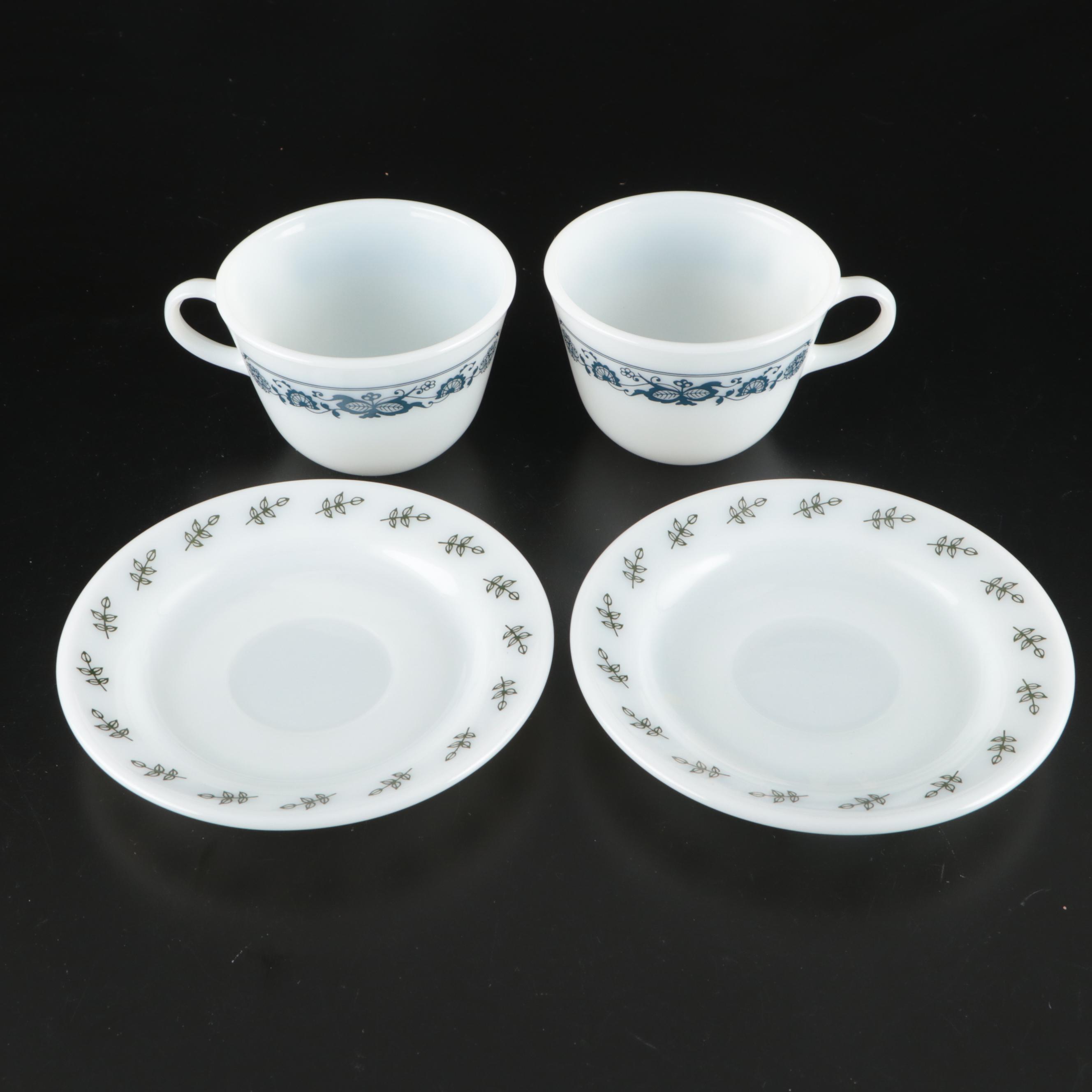 Fire-King and Pyrex Glass Teacups, Saucers, Sugar Bowls, and Creamers