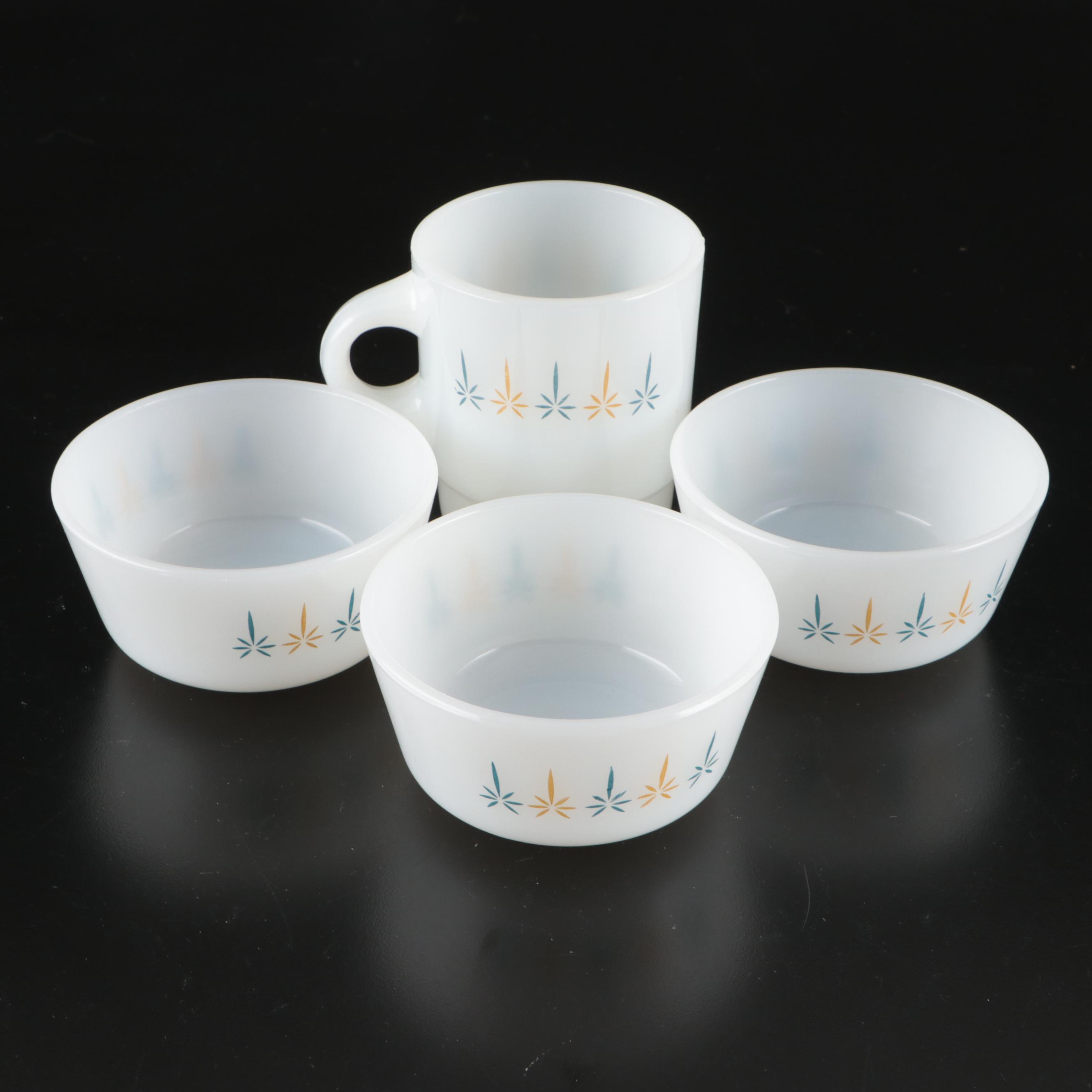 Fire-King and Pyrex Glass Teacups, Saucers, Sugar Bowls, and Creamers