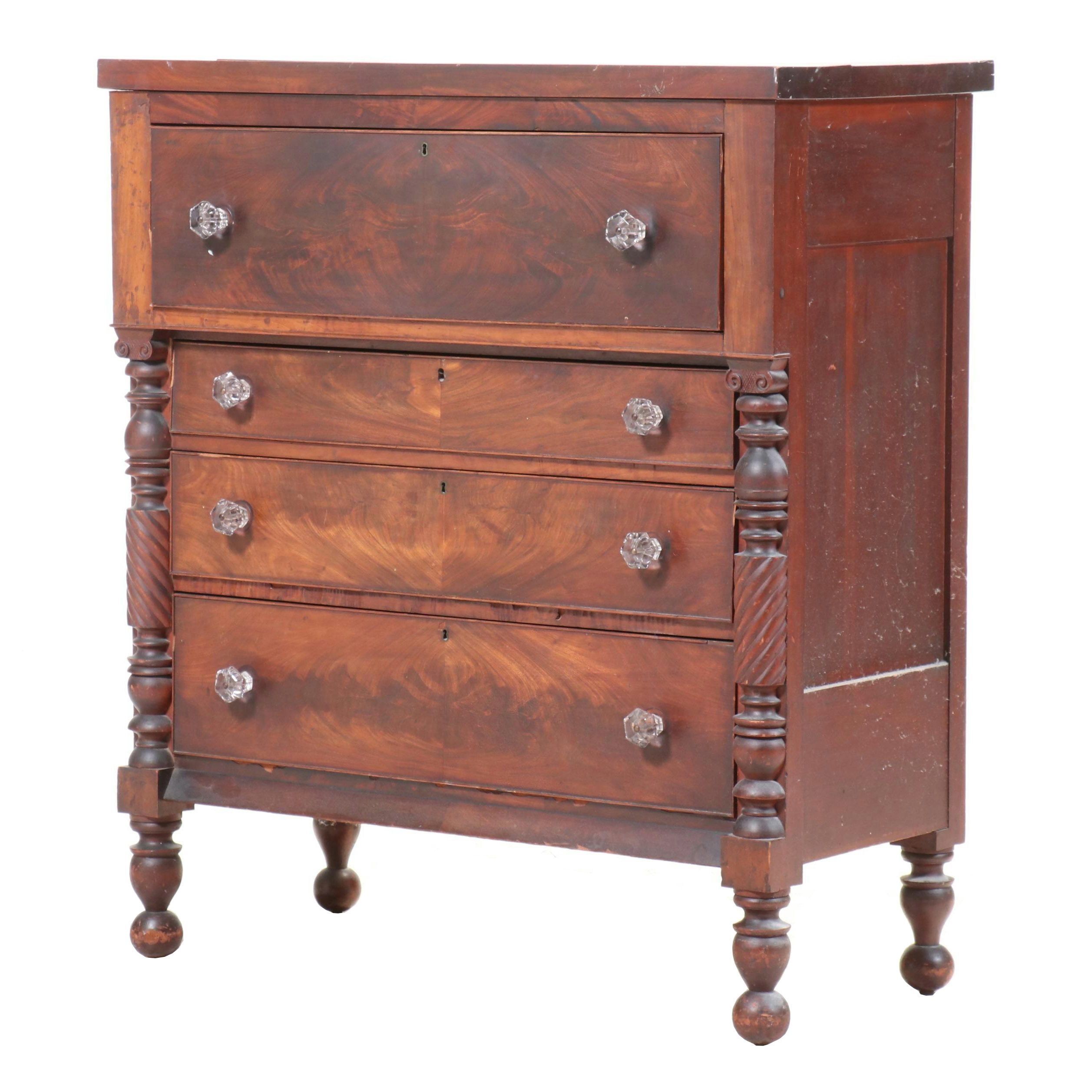 American Empire Figured Mahogany Four-Drawer Chest, Early to Mid-19th Century