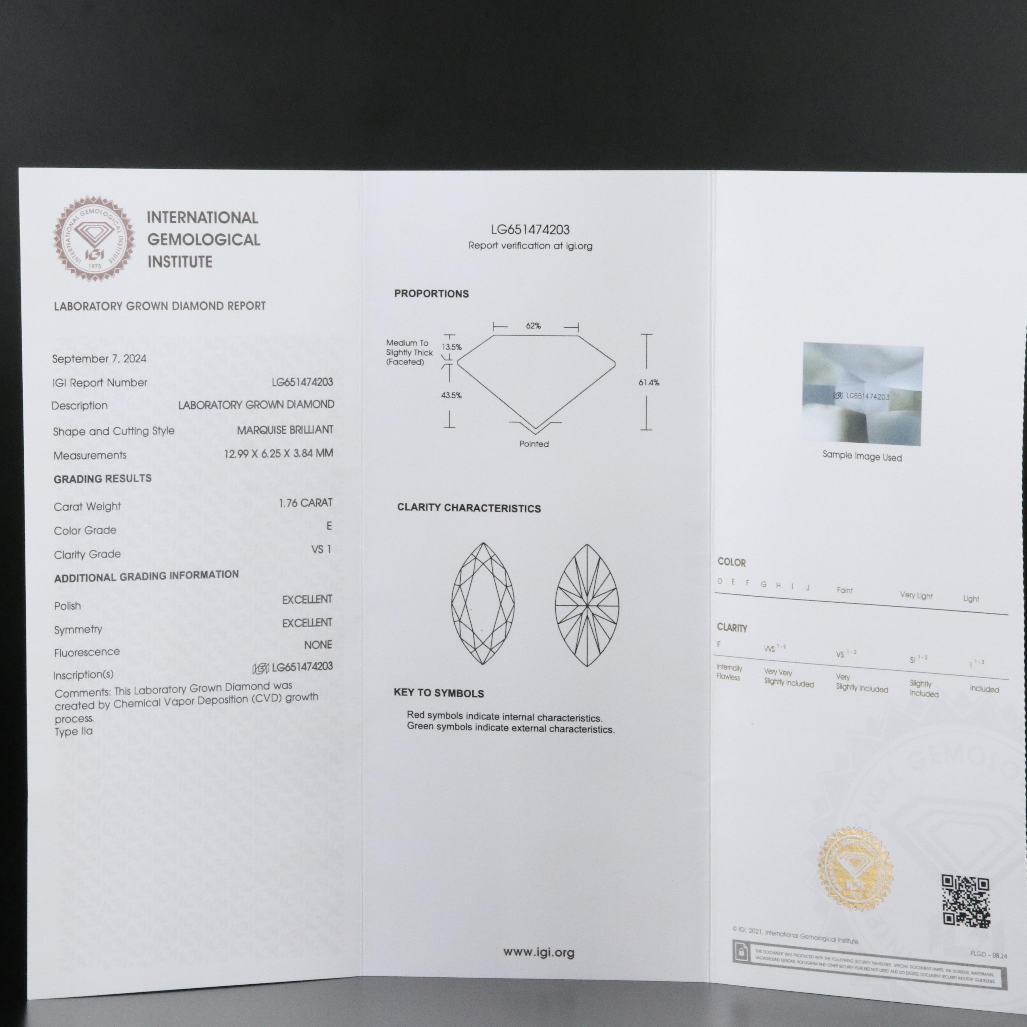 Loose 1.76 CT Lab Grown Diamond with IGI Report