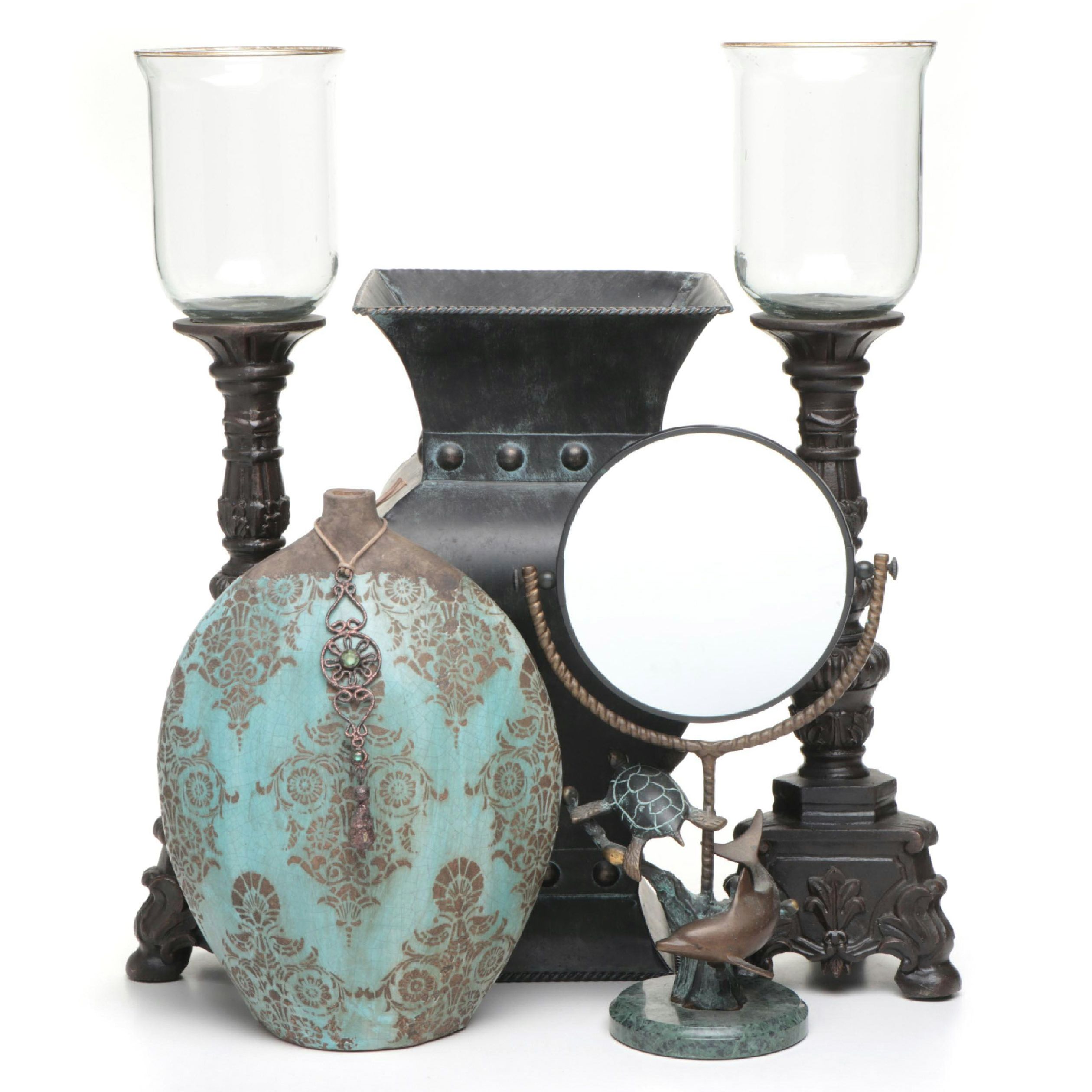 Pair of Footed Pillar Candle Holders with Decorative Vases and Mirror