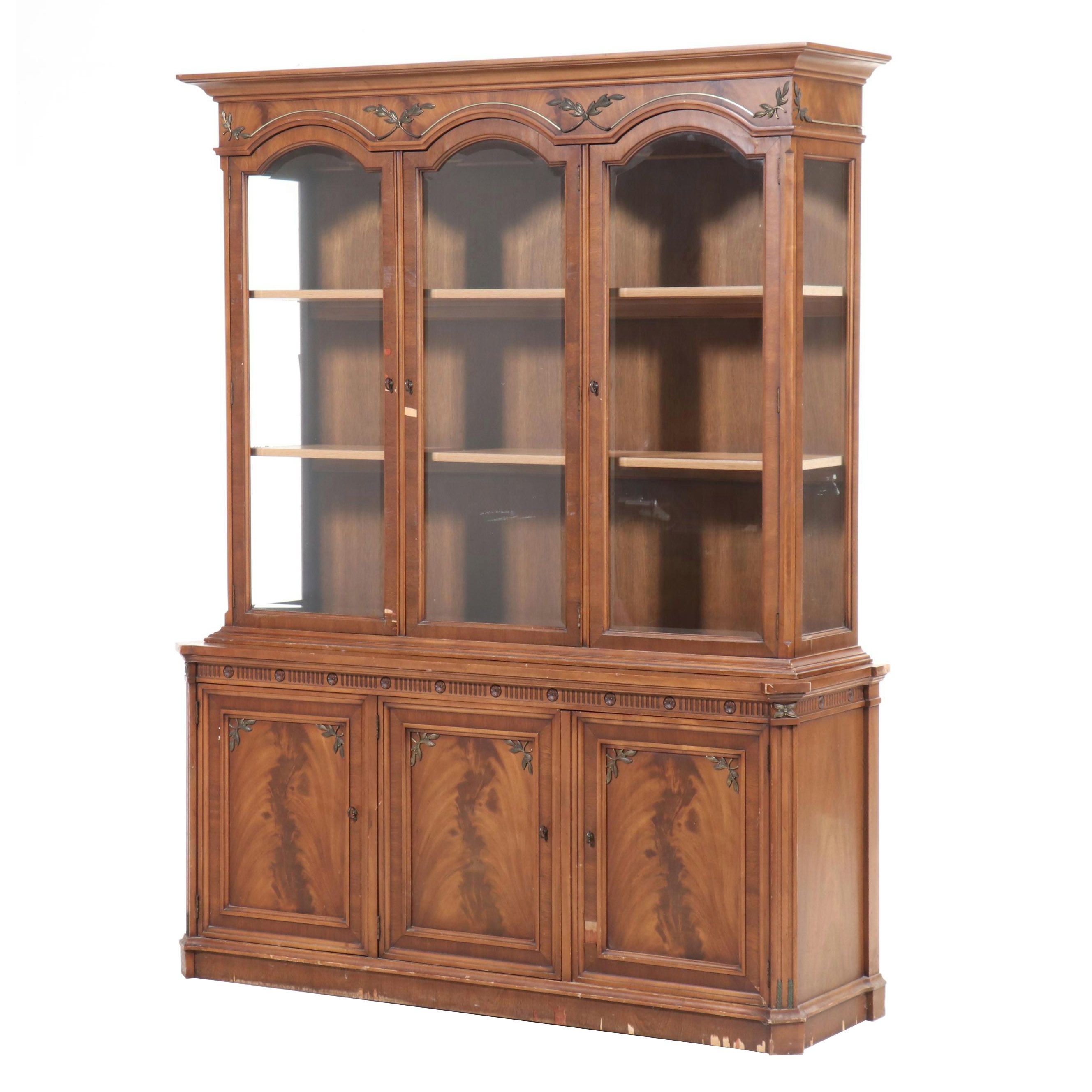 French Style Burl Walnut China Cabinet with Beveled Glass