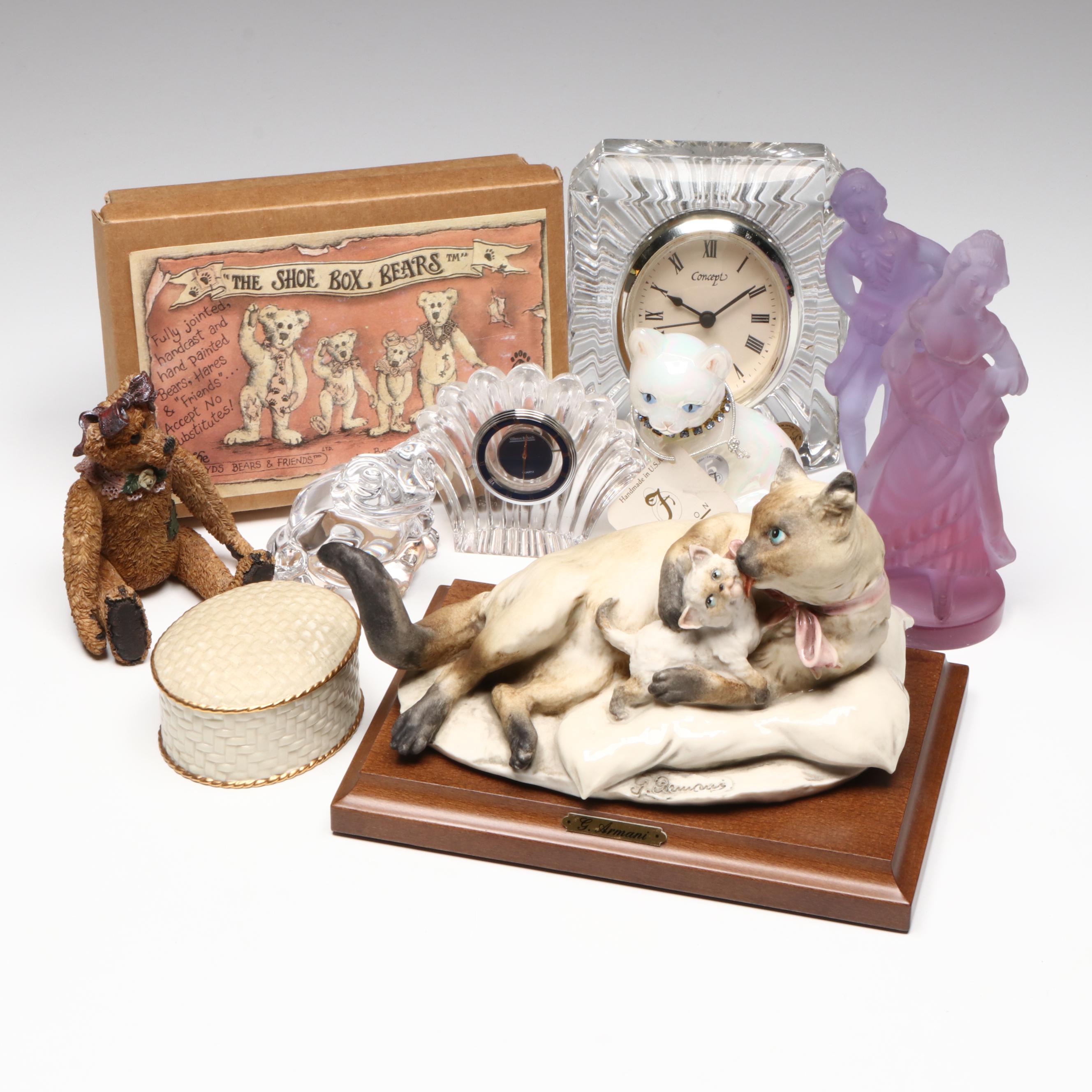 Giuseppe Armani and Fenton Cat Figurines with Clocks, Box and More