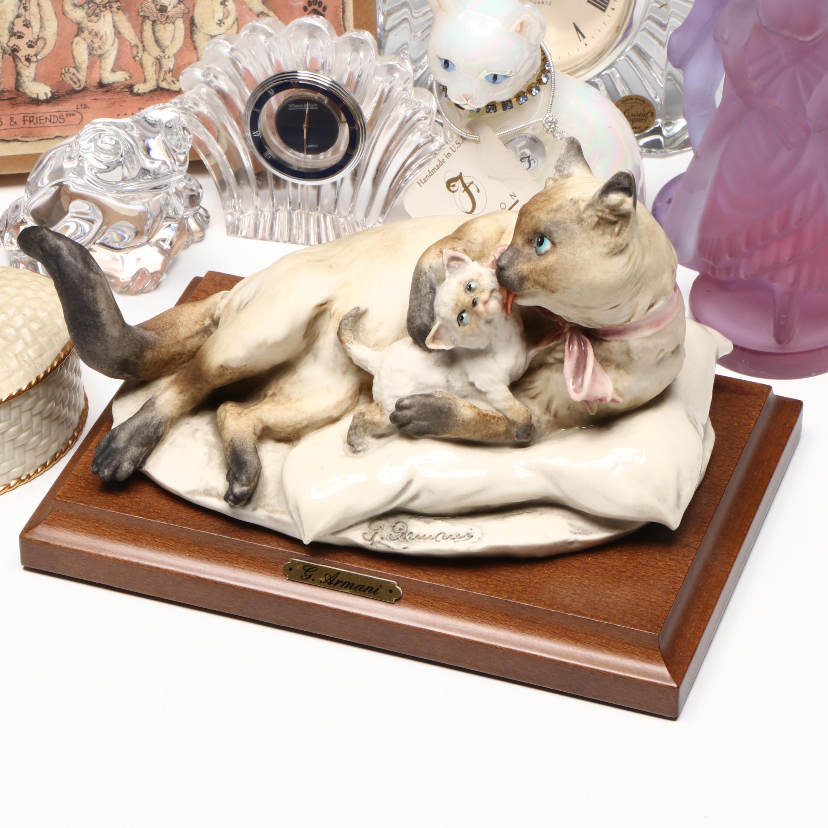 Giuseppe Armani and Fenton Cat Figurines with Clocks, Box and More