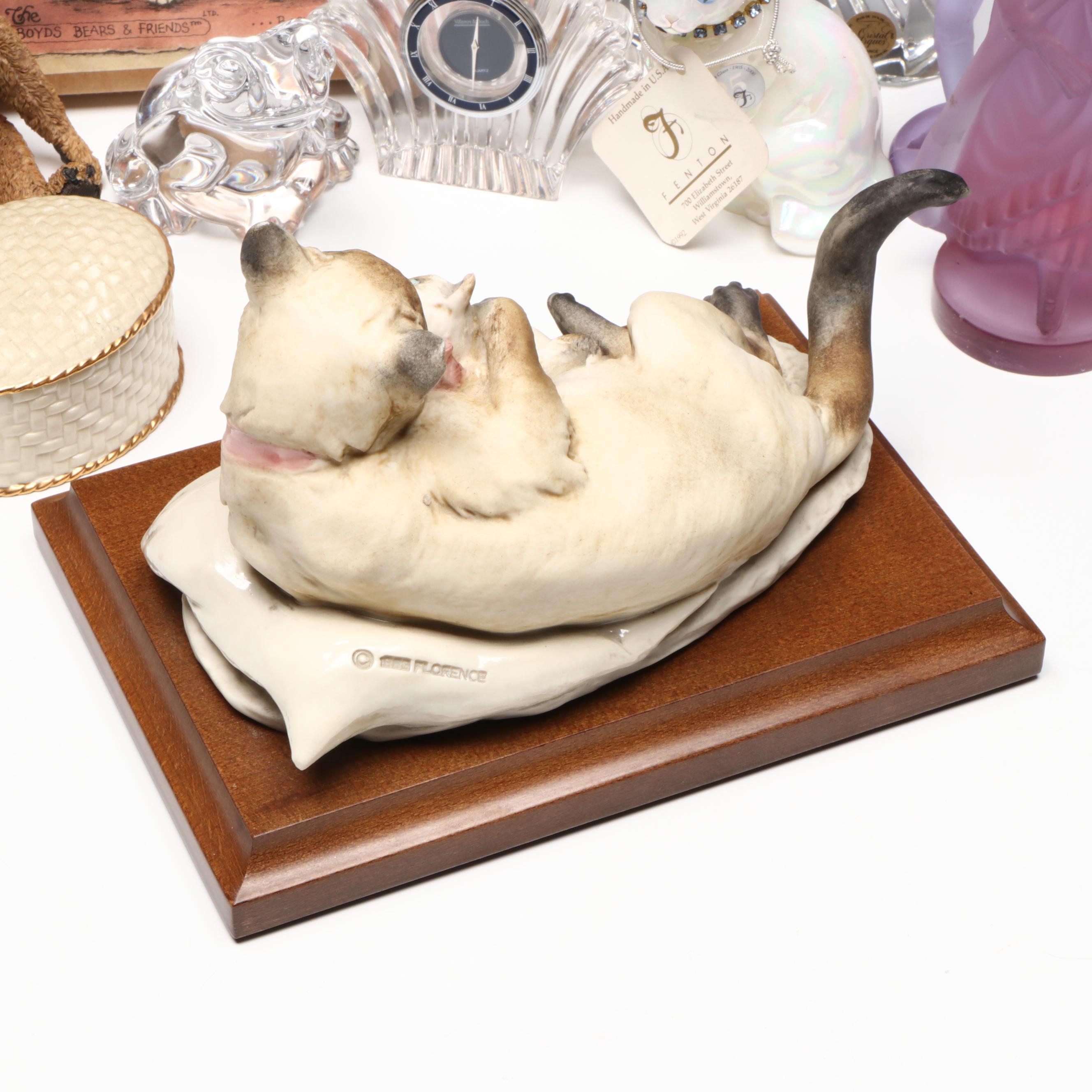 Giuseppe Armani and Fenton Cat Figurines with Clocks, Box and More