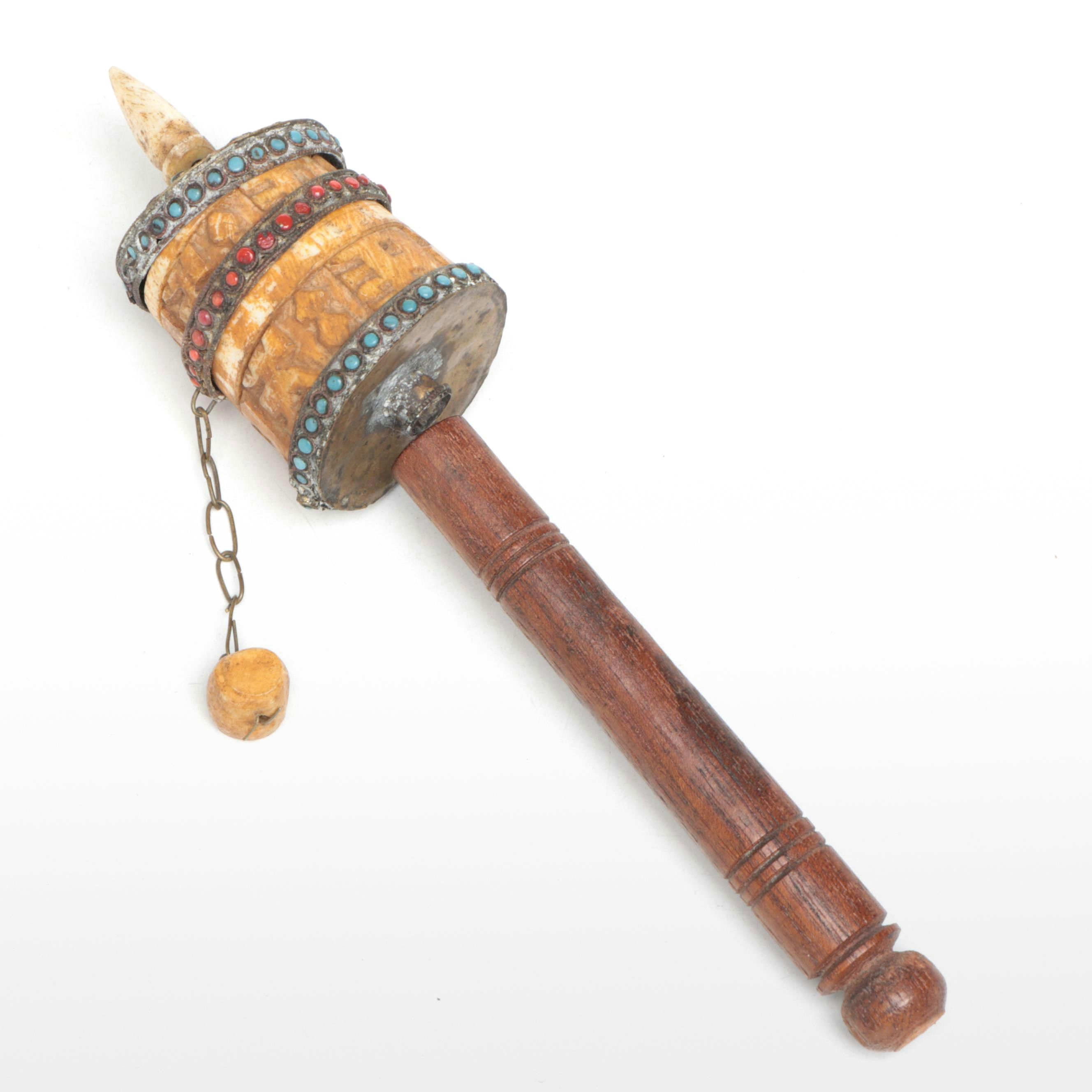 Tibetan Buddhist Wood and Bone Prayer Wheel