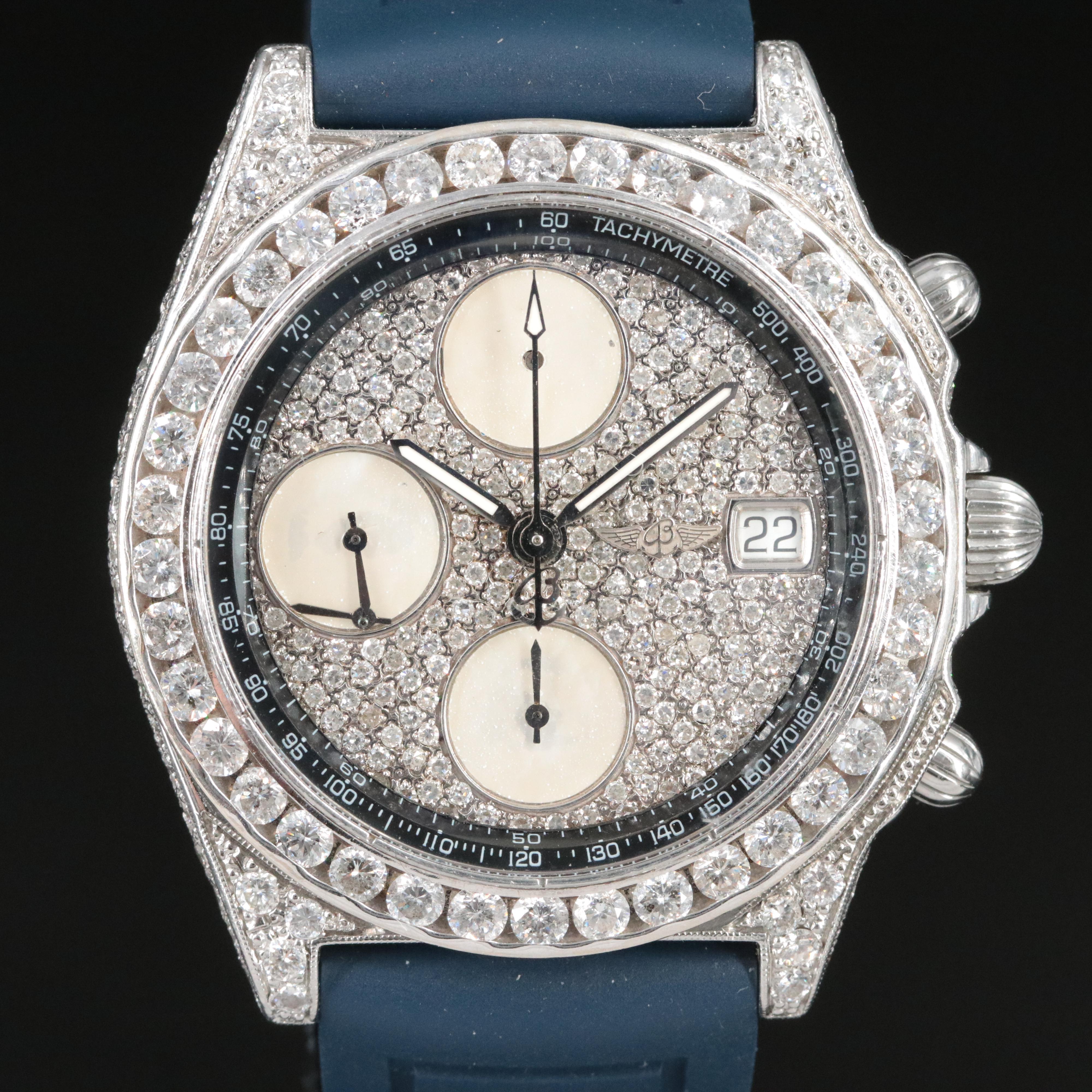 Breitling Chronomat Blackbird A13350 Custom 6 CTW Diamond 40mm Steel Watch