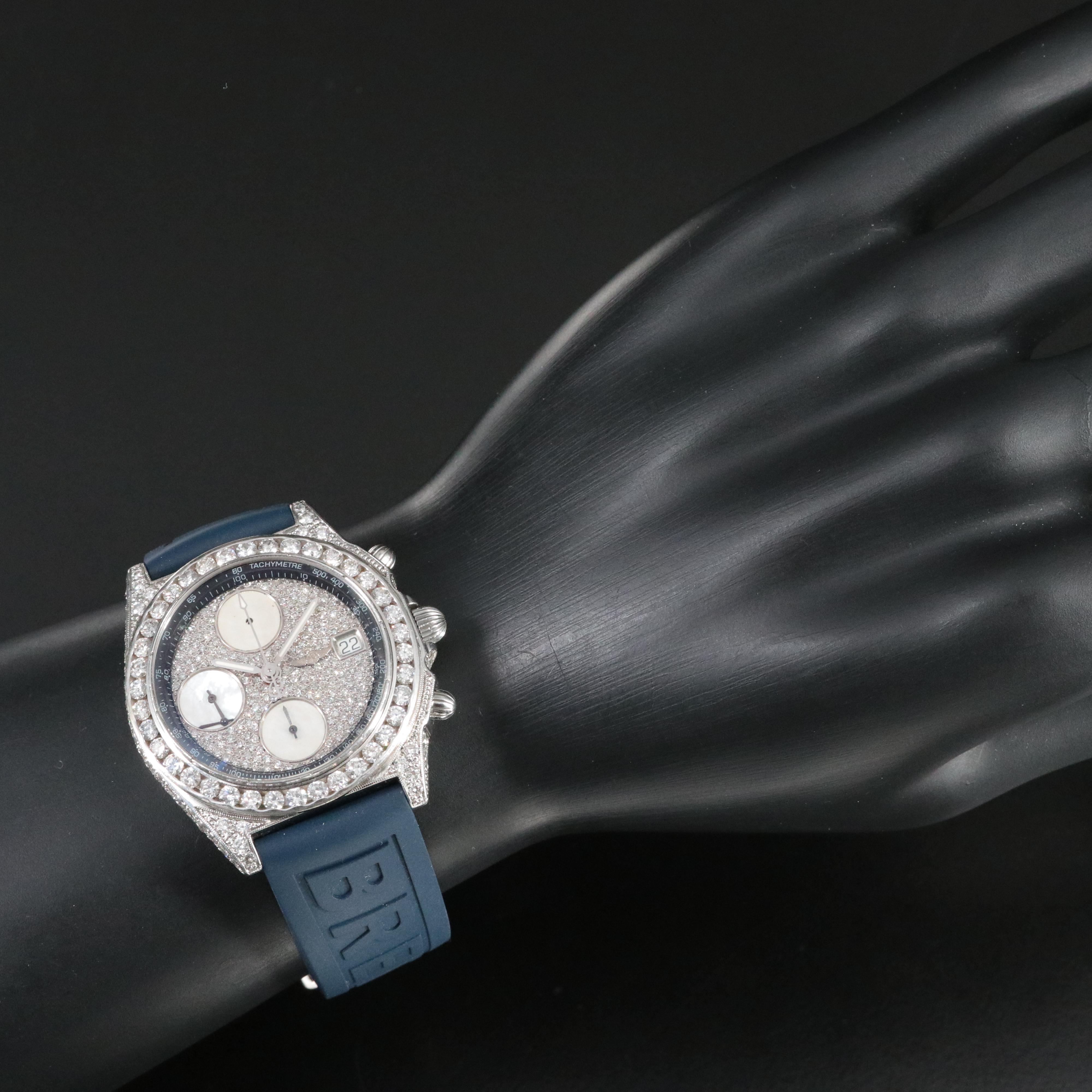 Breitling Chronomat Blackbird A13350 Custom 6 CTW Diamond 40mm Steel Watch