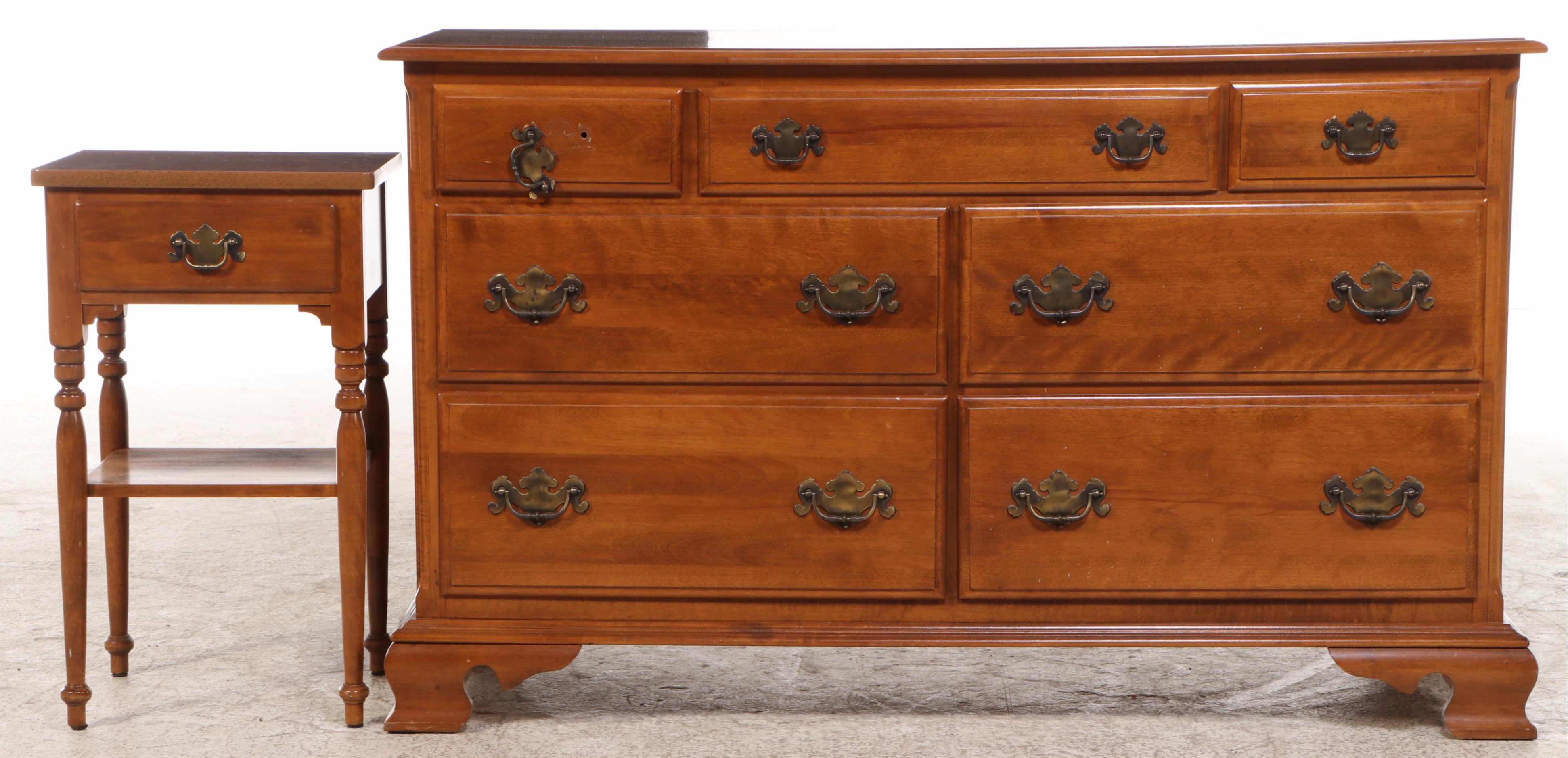 Ethan Allen American Colonial Style Maple Dresser with Mirror and Nightstand